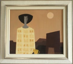 Mid Century Modern Swedish Figurative Oil Painting - Moonrise with Yellow Cup