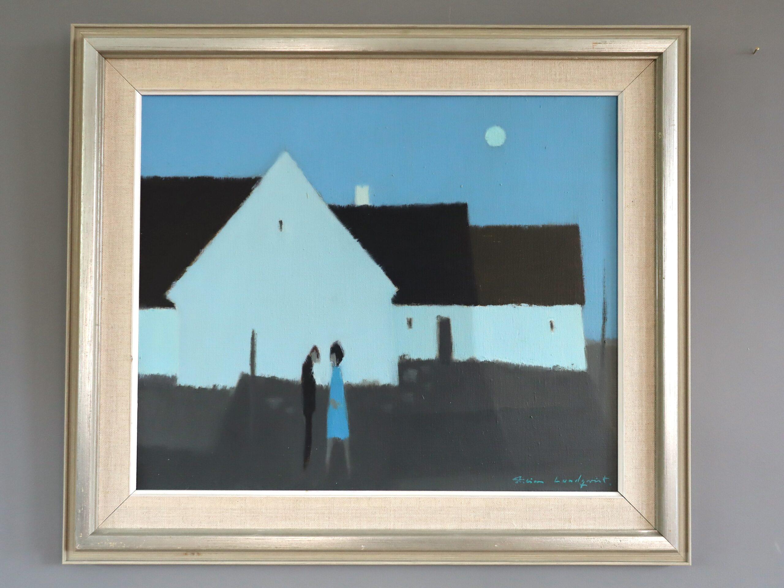 Peinture à l'huile de scène de rue avec personnage suédois du milieu du siècle - Silhouette au clair de lune - Painting de Fabian Lundqvist