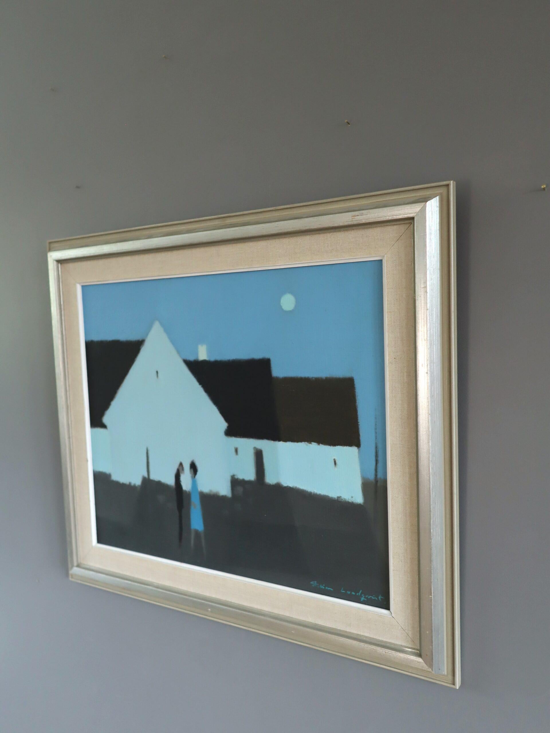 Peinture à l'huile de scène de rue avec personnage suédois du milieu du siècle - Silhouette au clair de lune - Gris Landscape Painting par Fabian Lundqvist