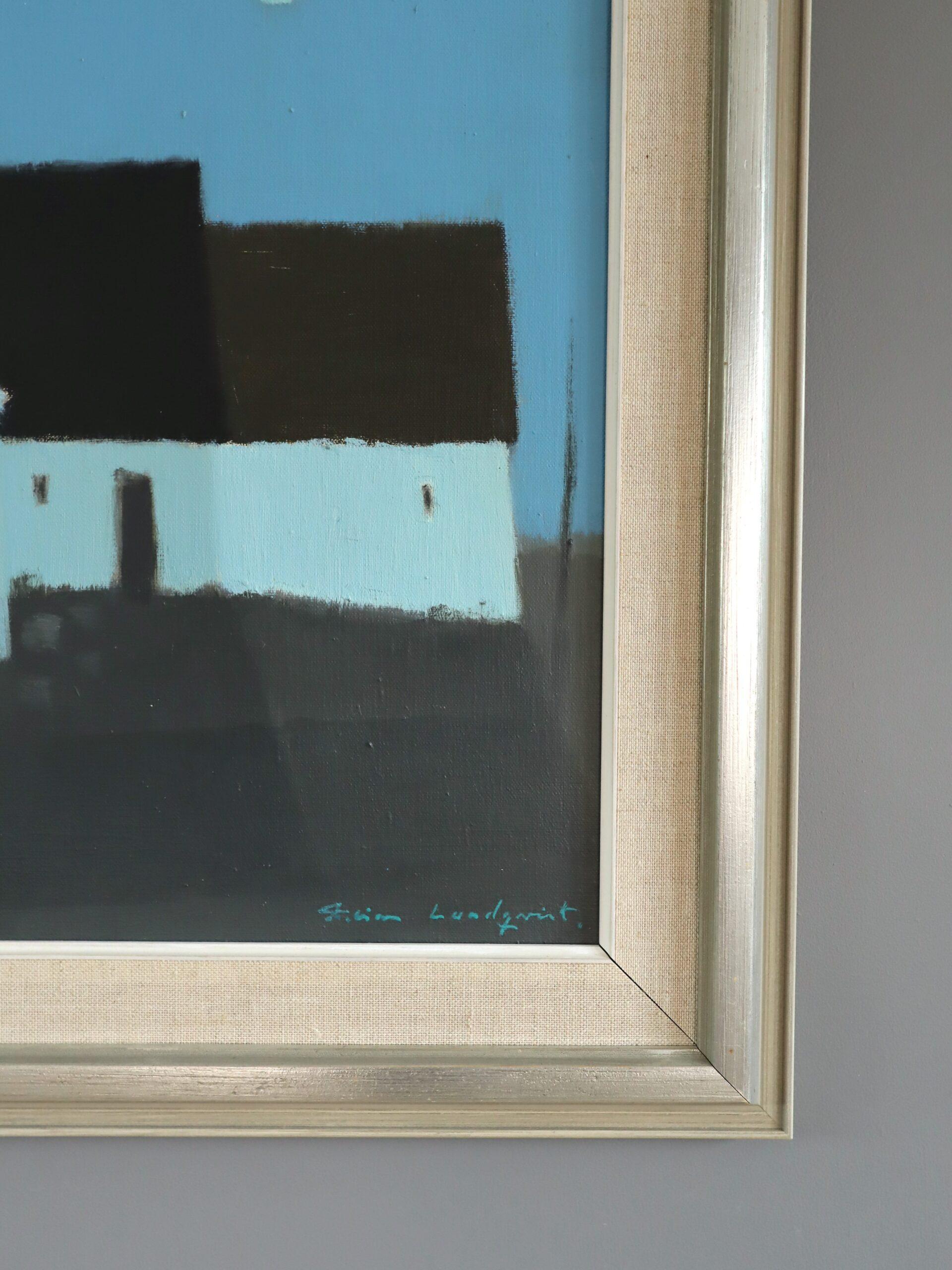 Peinture à l'huile de scène de rue avec personnage suédois du milieu du siècle - Silhouette au clair de lune en vente 1