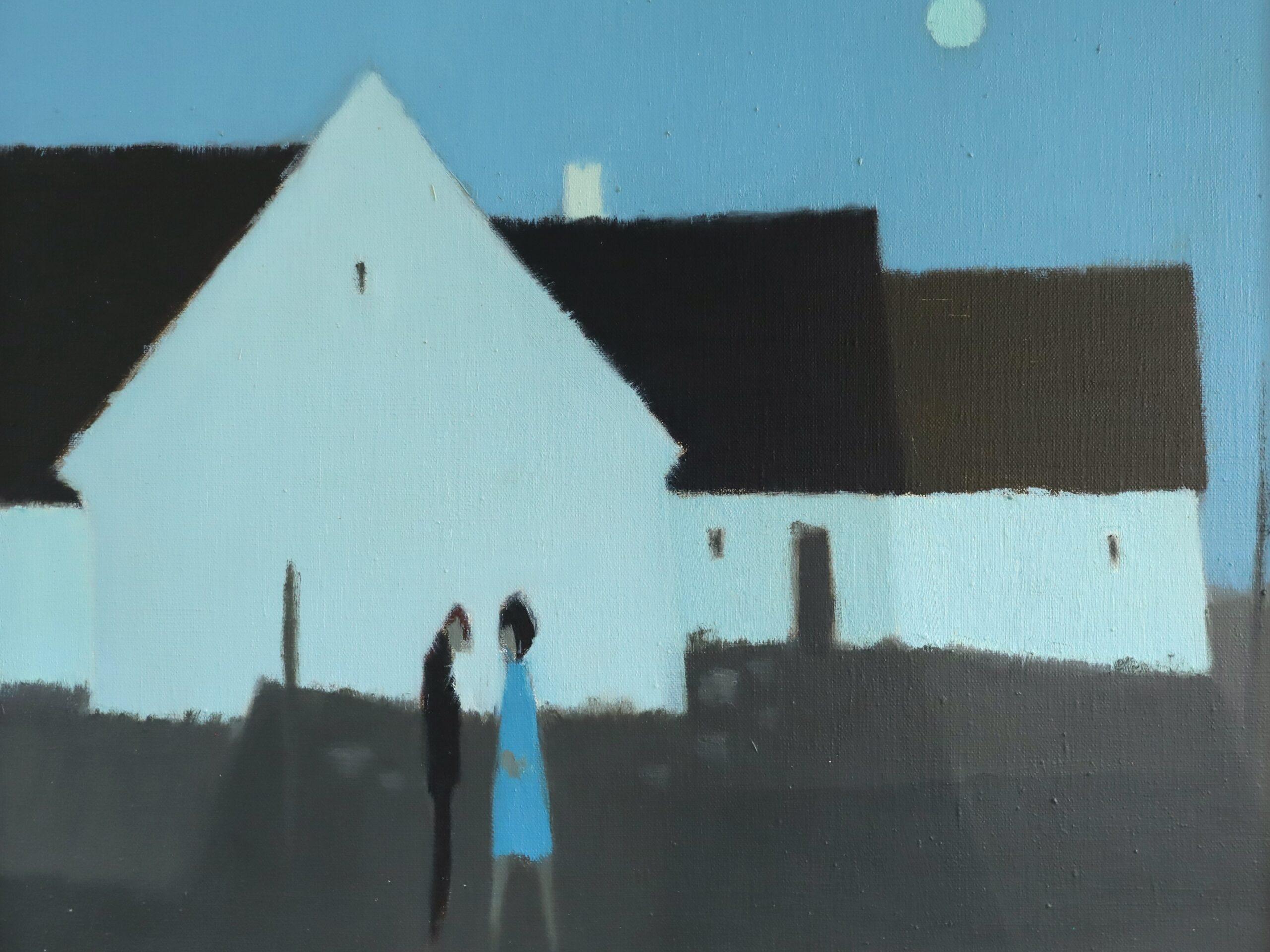 Peinture à l'huile de scène de rue avec personnage suédois du milieu du si�ècle - Silhouette au clair de lune en vente 2