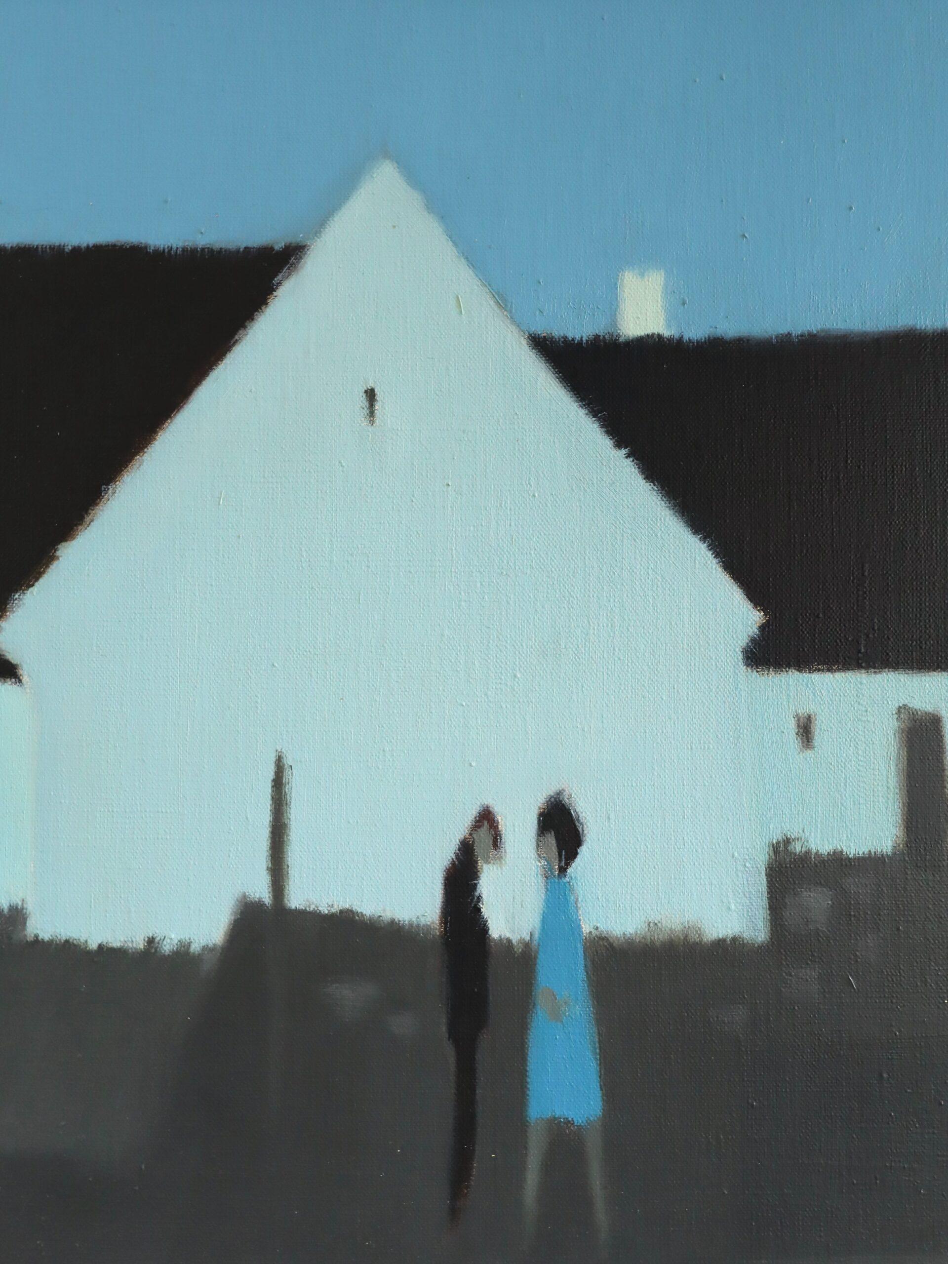 Peinture à l'huile de scène de rue avec personnage suédois du milieu du siècle - Silhouette au clair de lune en vente 3