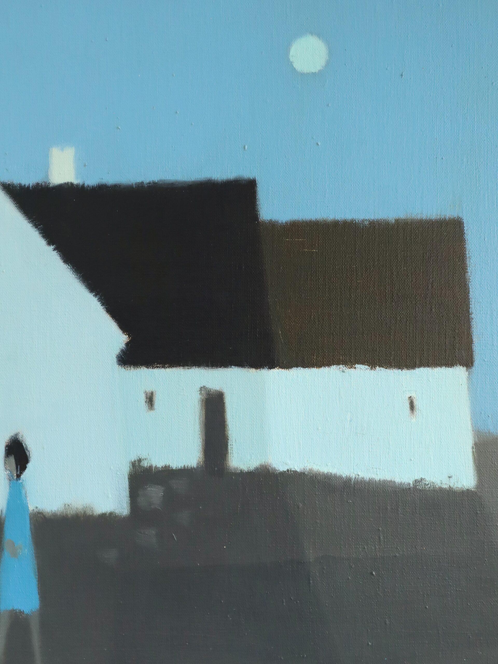 Peinture à l'huile de scène de rue avec personnage suédois du milieu du siècle - Silhouette au clair de lune en vente 4