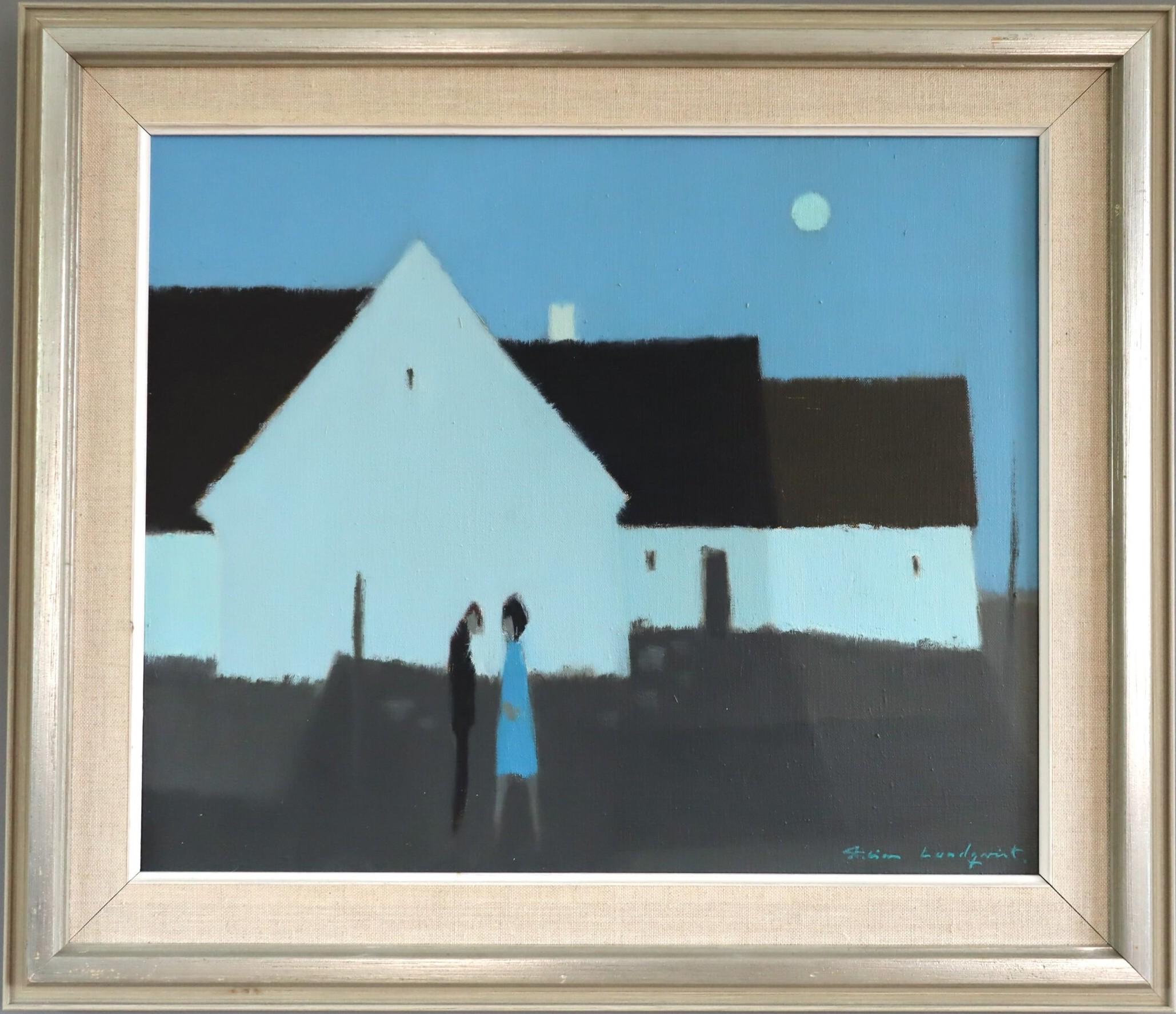 Mid Century Modern Schwedische Figur Straßenszene Ölgemälde - Moonlit Silhouette