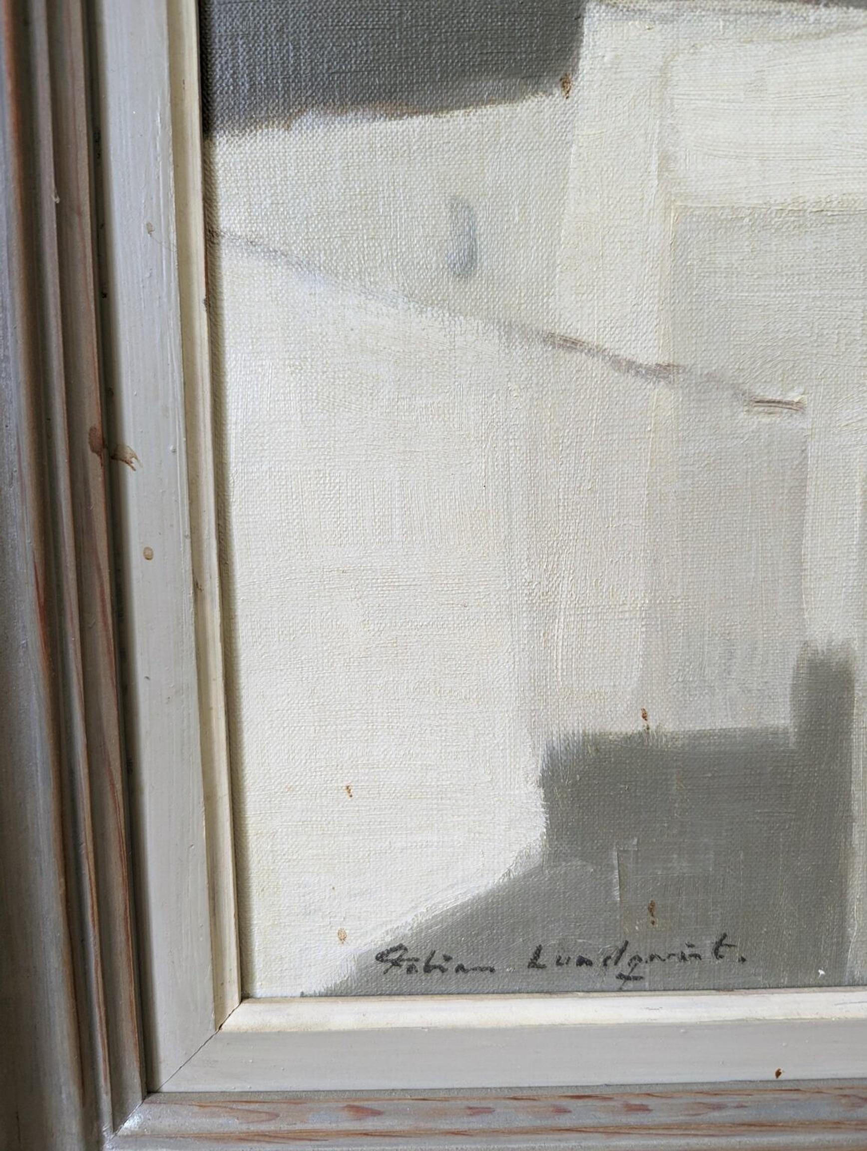 Mid-Century Modern Vintage Abstract Cityscape Framed Oil Painting - White City 11