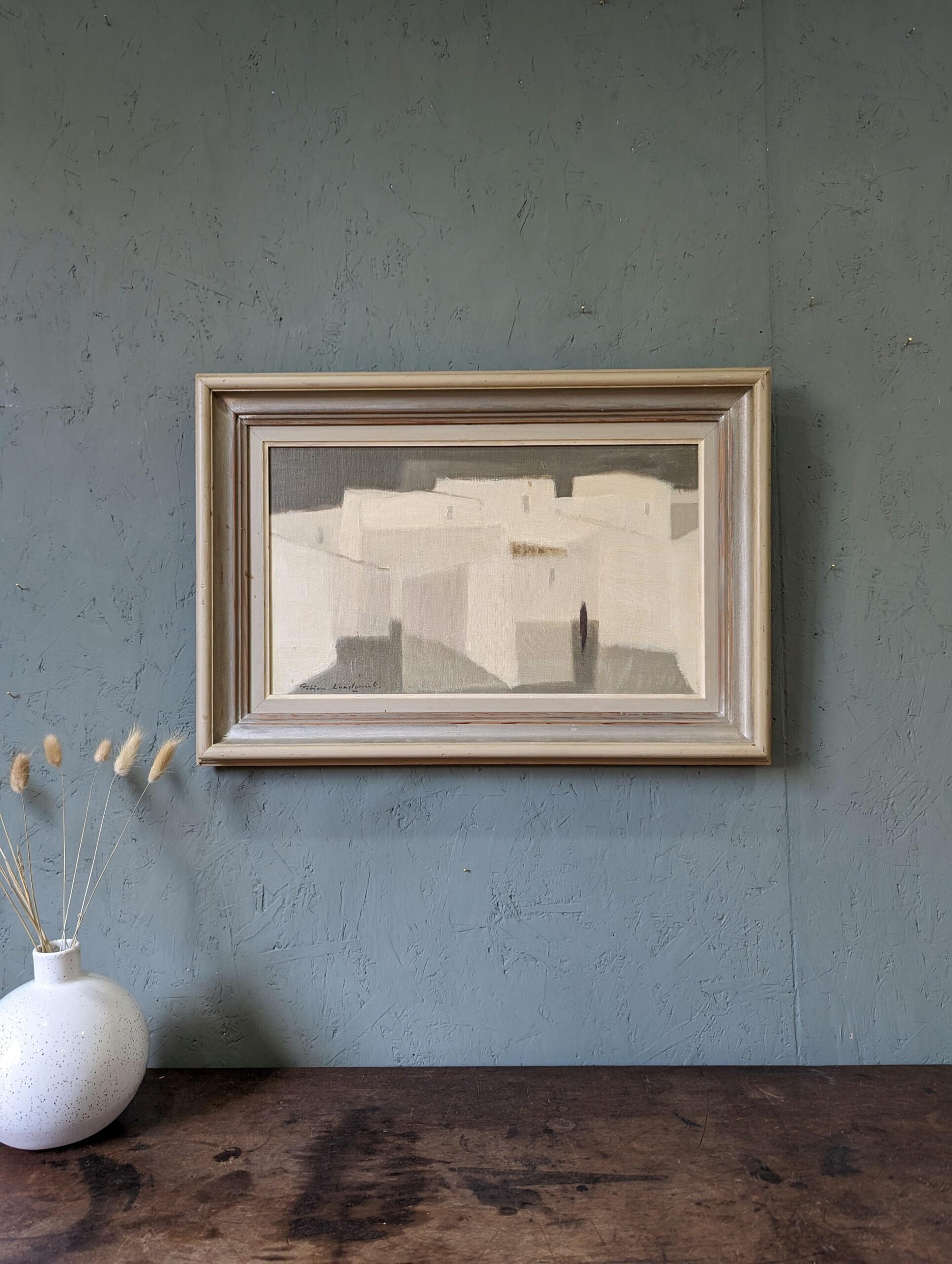WHITE CITY
Oil on Canvas
Size: 41 x 60 cm (including frame)

A calm and restful mid-century cityscape, executed in oil onto canvas by the established Swedish artist Fabian Lundqvist (1913-1989), whose works have been represented in many public