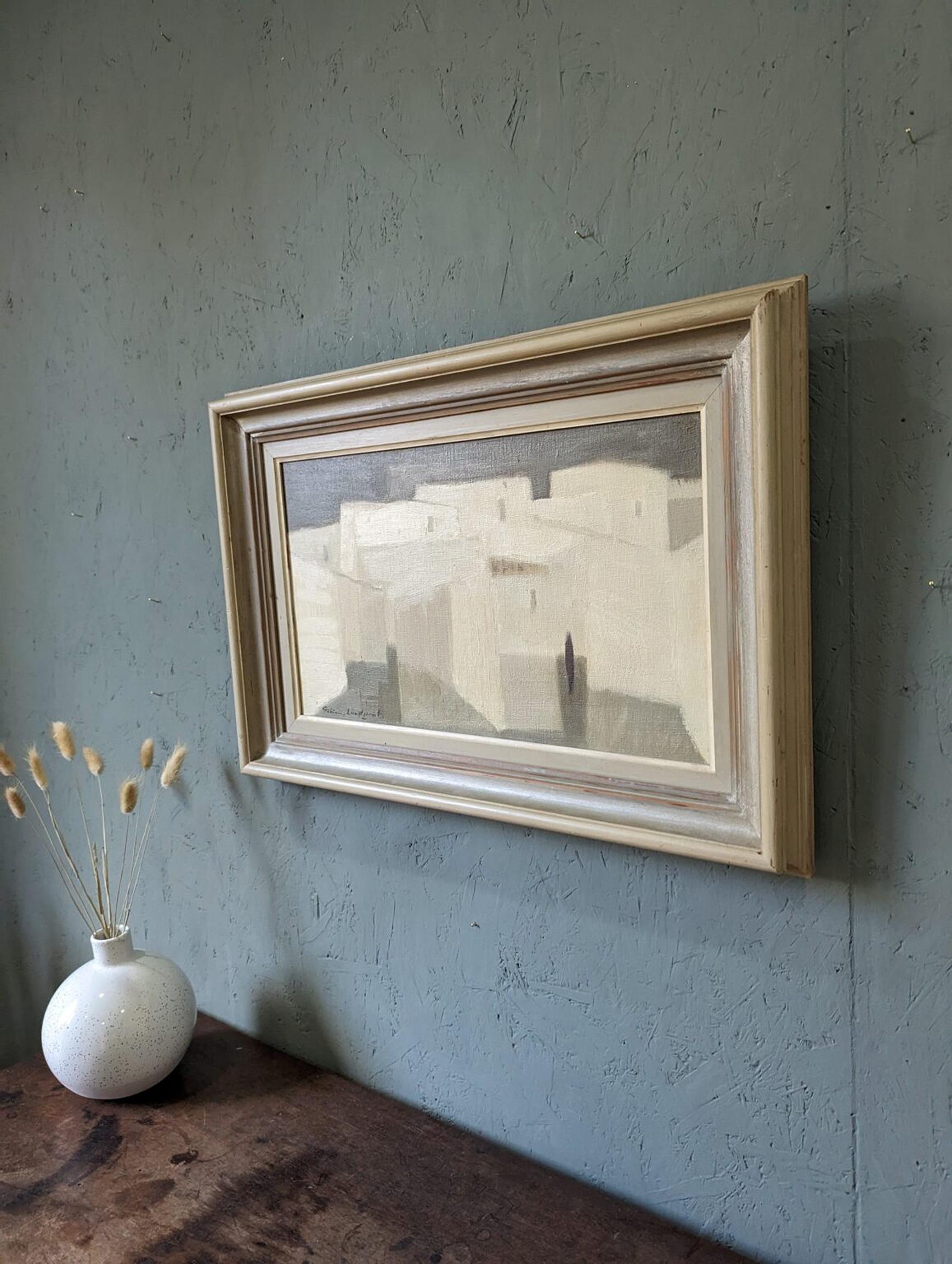 Mid-Century Modern Vintage Abstract Cityscape Framed Oil Painting - White City 1