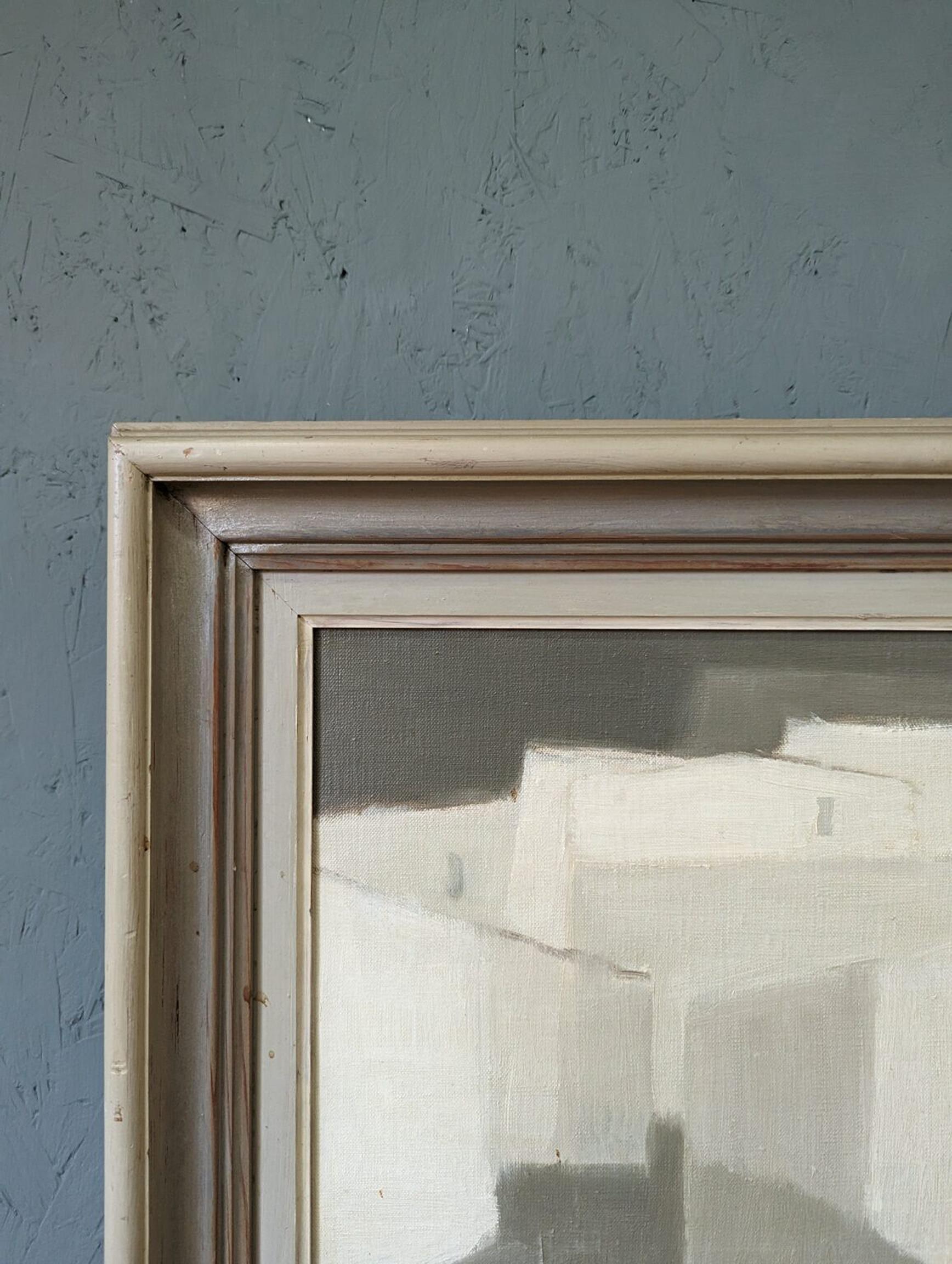 Mid-Century Modern Vintage Abstract Cityscape Framed Oil Painting - White City 3
