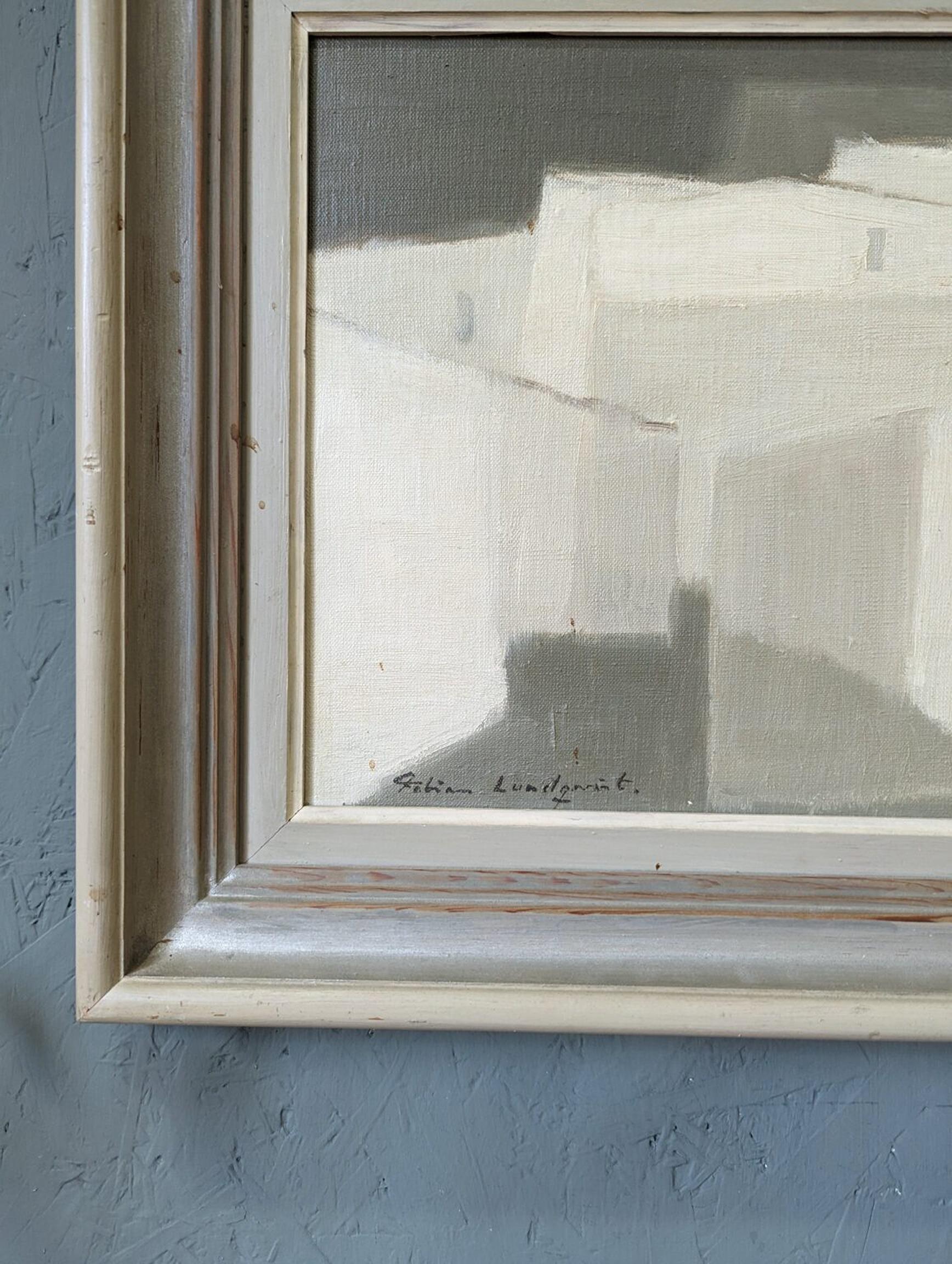 Mid-Century Modern Vintage Abstract Cityscape Framed Oil Painting - White City 4