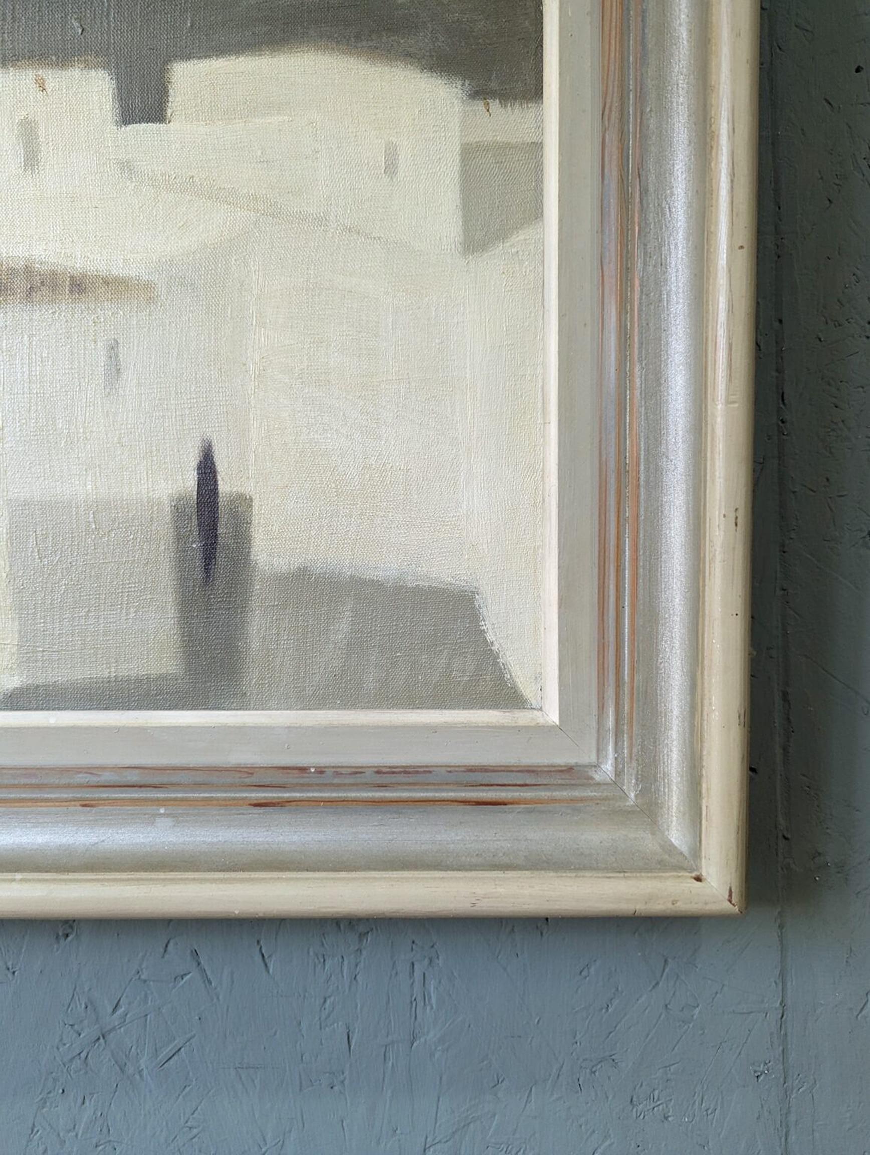 Mid-Century Modern Vintage Abstract Cityscape Framed Oil Painting - White City 5