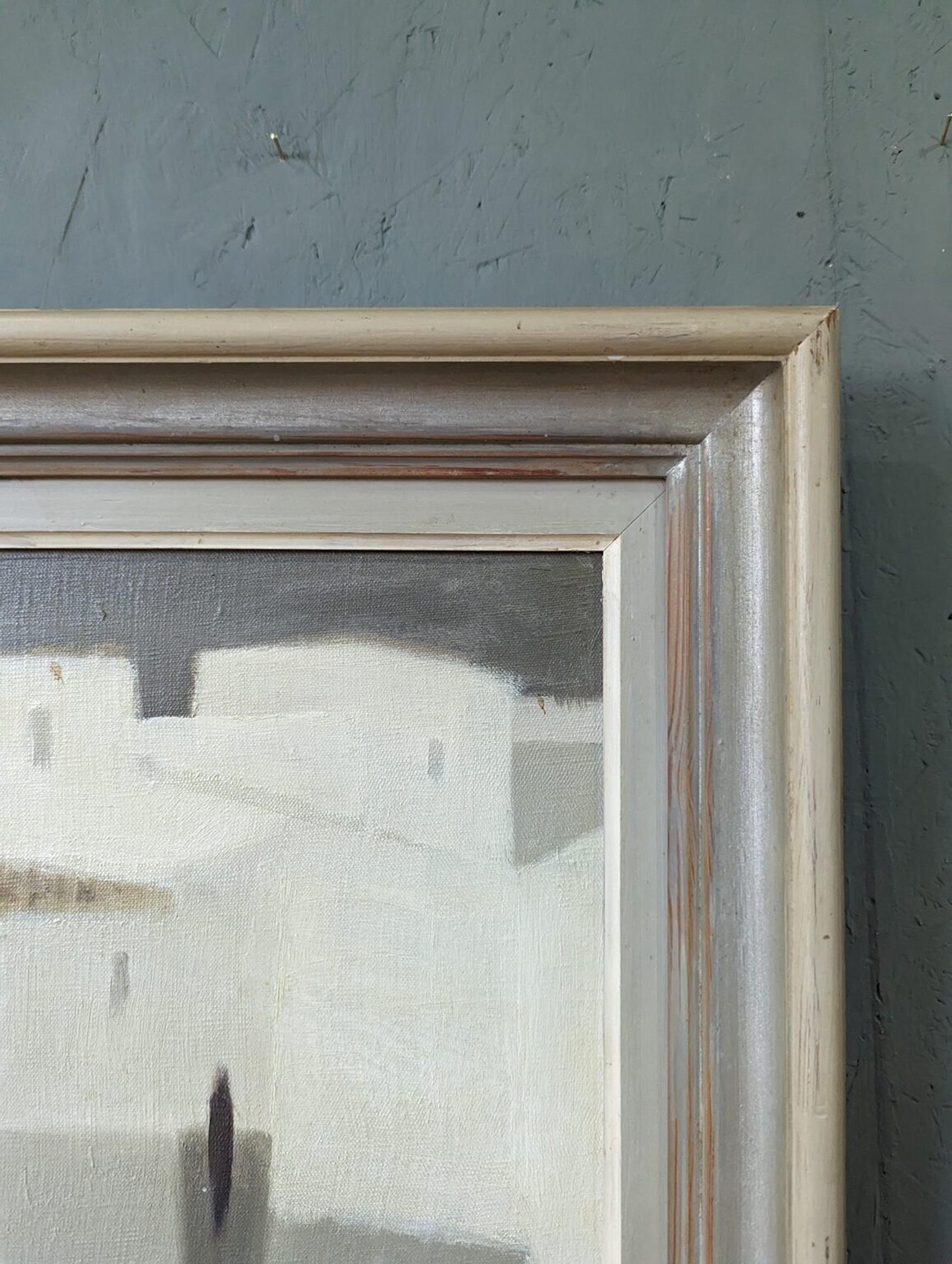 Mid-Century Modern Vintage Abstract Cityscape Framed Oil Painting - White City 6