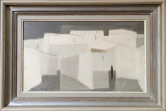 Abstrakte Stadtlandschaft, gerahmtes Ölgemälde – Weiße Stadt, Mid-Century Modern, Vintage