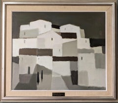 Mid-Century Modern Vintage Landscape Oil Painting - Monochrome Town, Framed