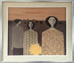 Mid Century Modern Vintage Swedish Figurative Oil Painting - Companions at Dusk