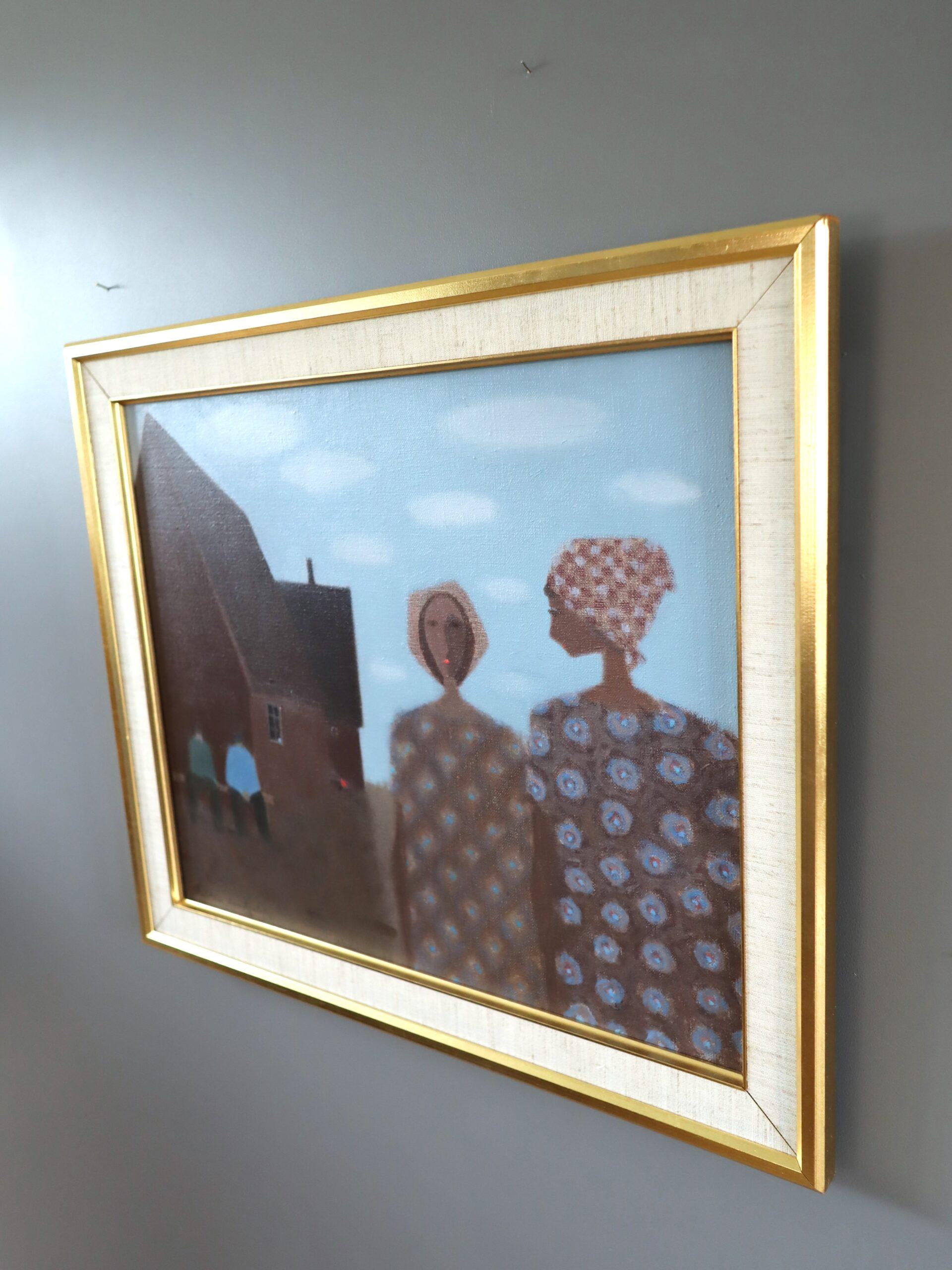 UNTER BAUMWOLLHIMMELN
Größe: 46 x 54,5 cm (einschließlich Rahmen)
Öl auf Leinwand

Ein ruhiges und introspektives figuratives Gemälde der Moderne aus der Mitte des Jahrhunderts, ausgeführt in Öl auf Leinwand von dem bekannten schwedischen Künstler