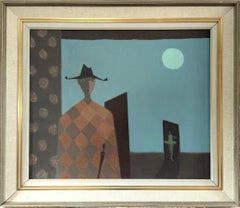 Mid-Century Modernist Style Figurative Oil Painting - Figures under Moonlight