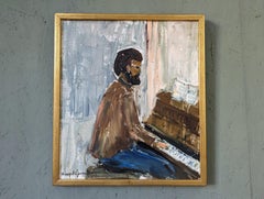 Vintage Mid-Century Expressive Figurative Framed Oil Painting - Man at the Piano