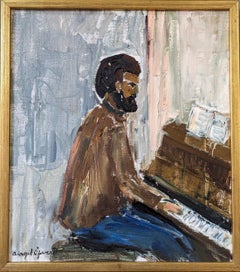 Vintage Mid-Century Expressive Figurative Framed Oil Painting - Man at the Piano