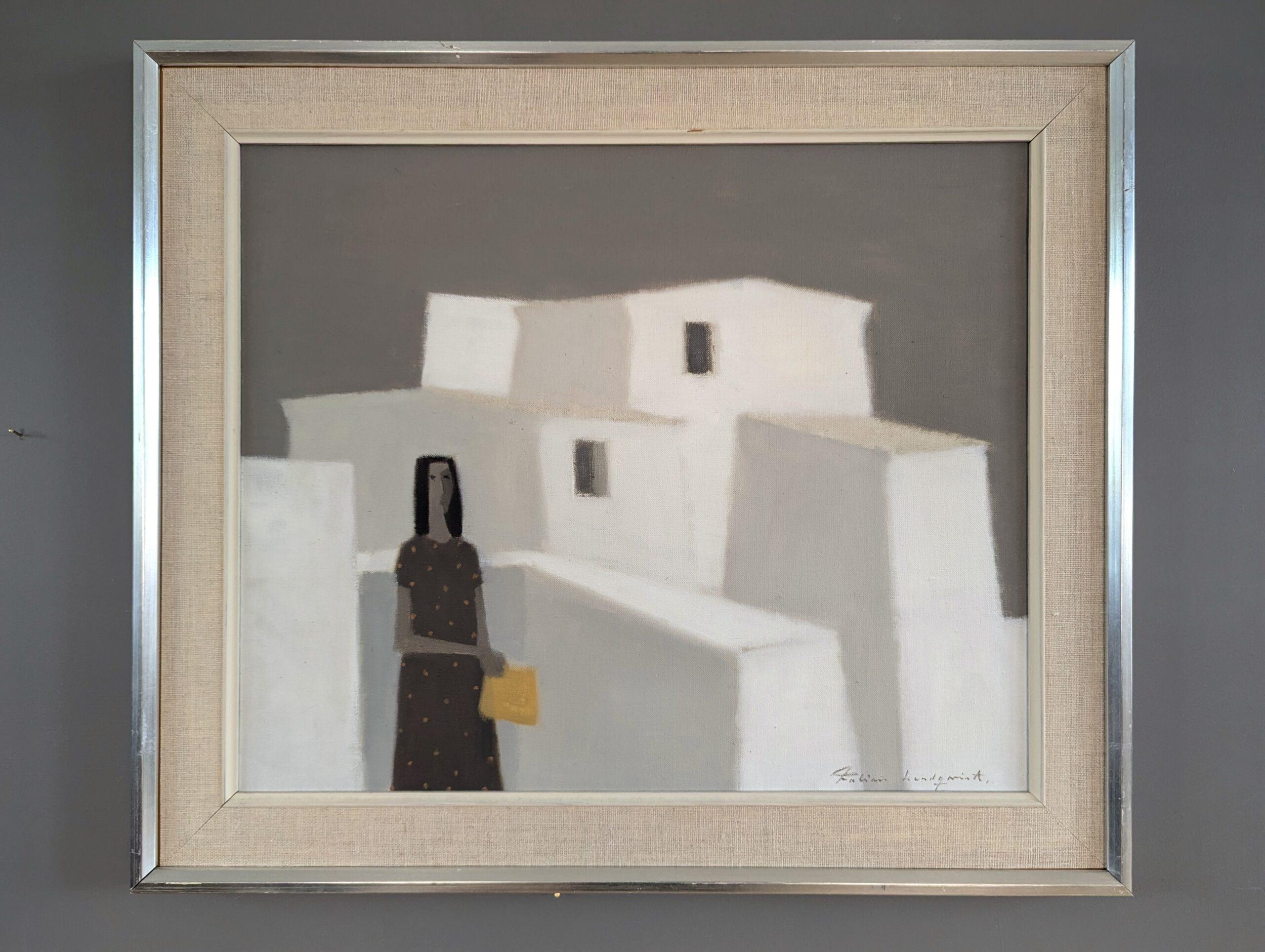 Vintage Mid Century Modern Swedish Landscape Oil Painting - By the White Walls For Sale 1