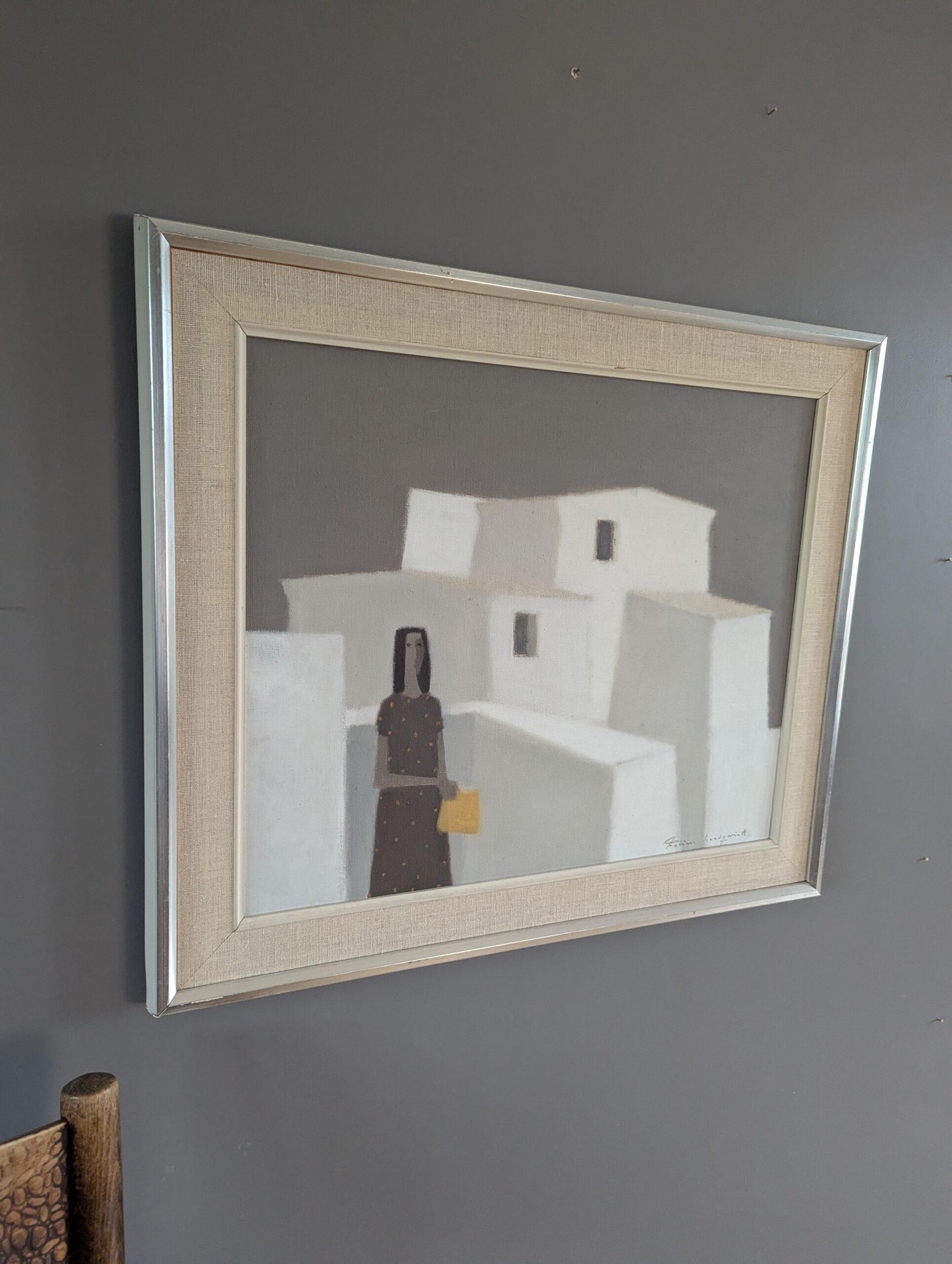 Vintage Mid Century Modern Swedish Landscape Oil Painting - By the White Walls For Sale 3
