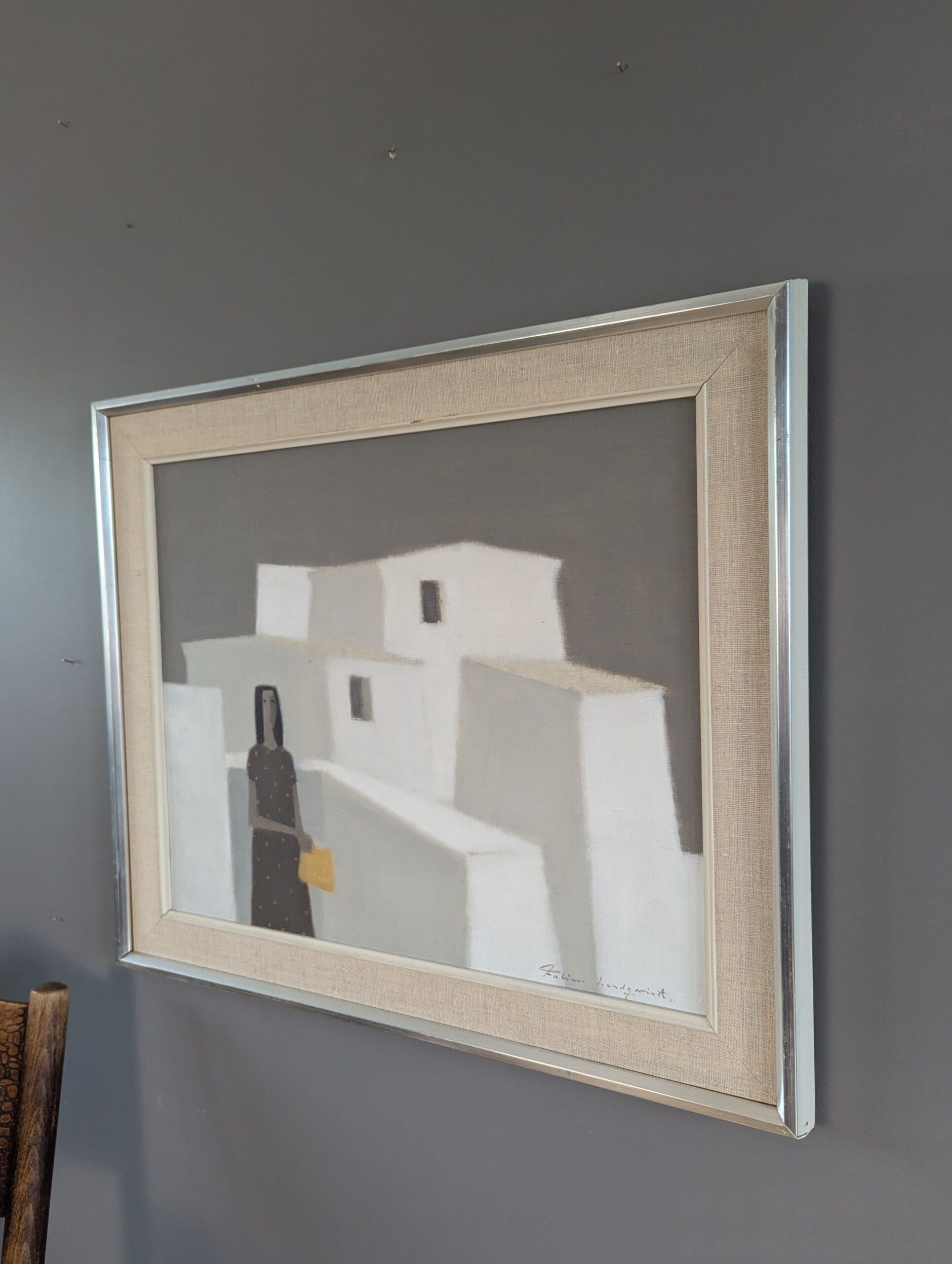 Vintage Mid Century Modern Swedish Landscape Oil Painting - By the White Walls For Sale 4