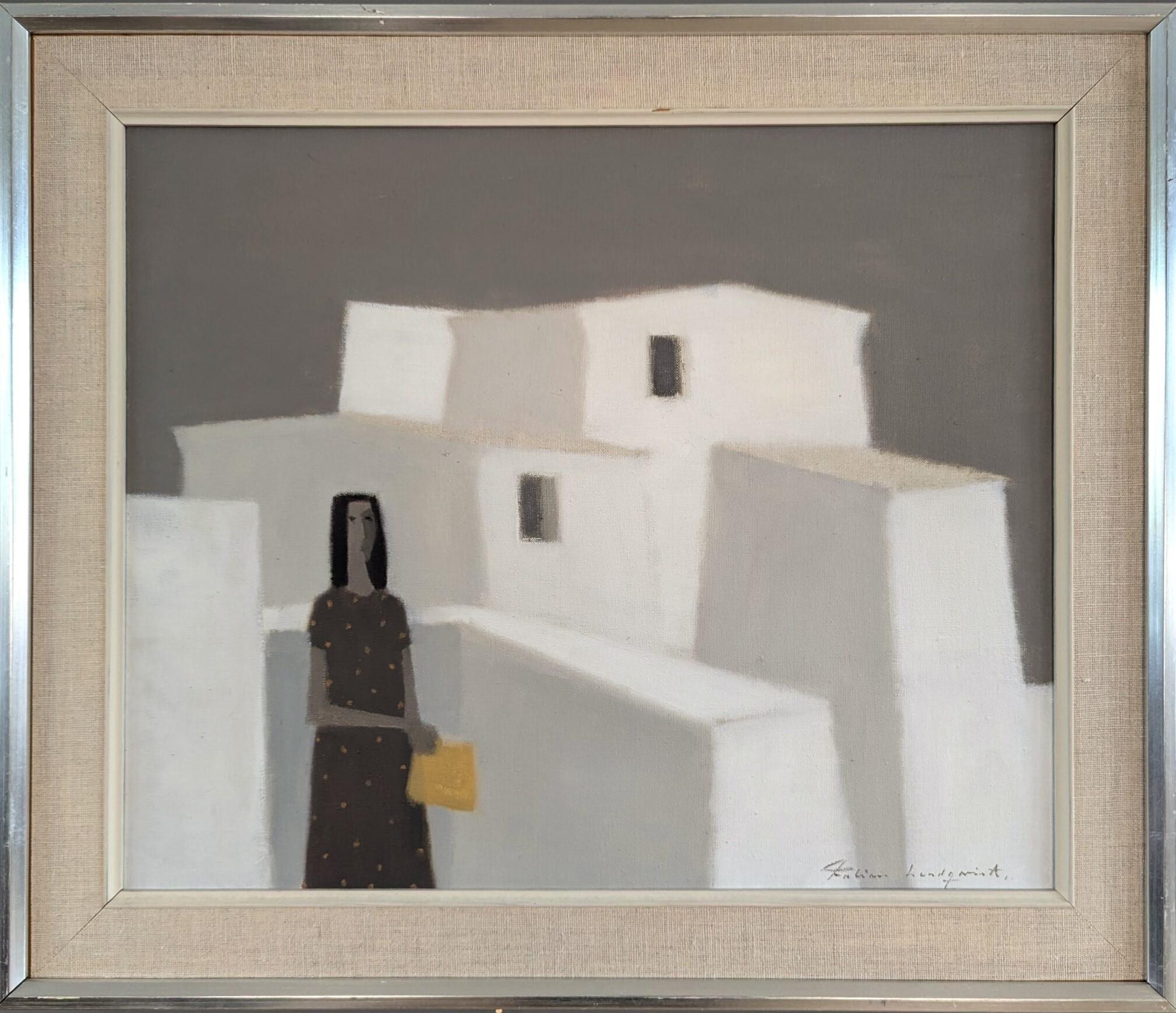 BY THE WHITE WALLS
Size: 49 x 57 cm (including frame)
Oil on canvas

A simple yet sophisticated mid-century modernist style painting, executed in oil onto canvas by the established Swedish artist Fabian Lundqvist (1913-1989), whose works have been