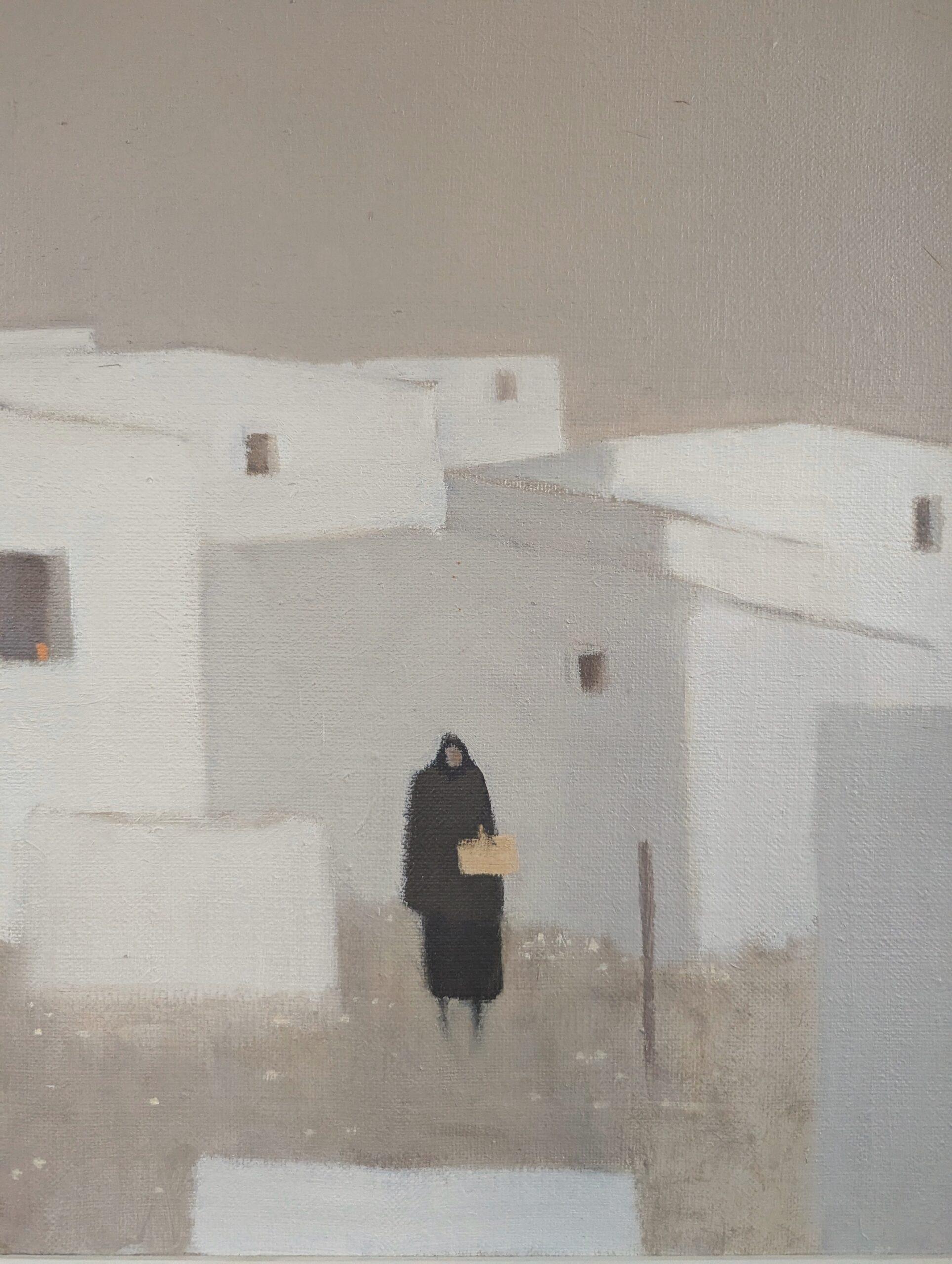 Pittura ad olio d'epoca con figure di paesaggi urbani della metà del secolo scorso - Comune tranquillo in vendita 7