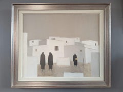 Vintage Mid Century Modernist Figure Cityscape Oil Painting - Quiet Commune