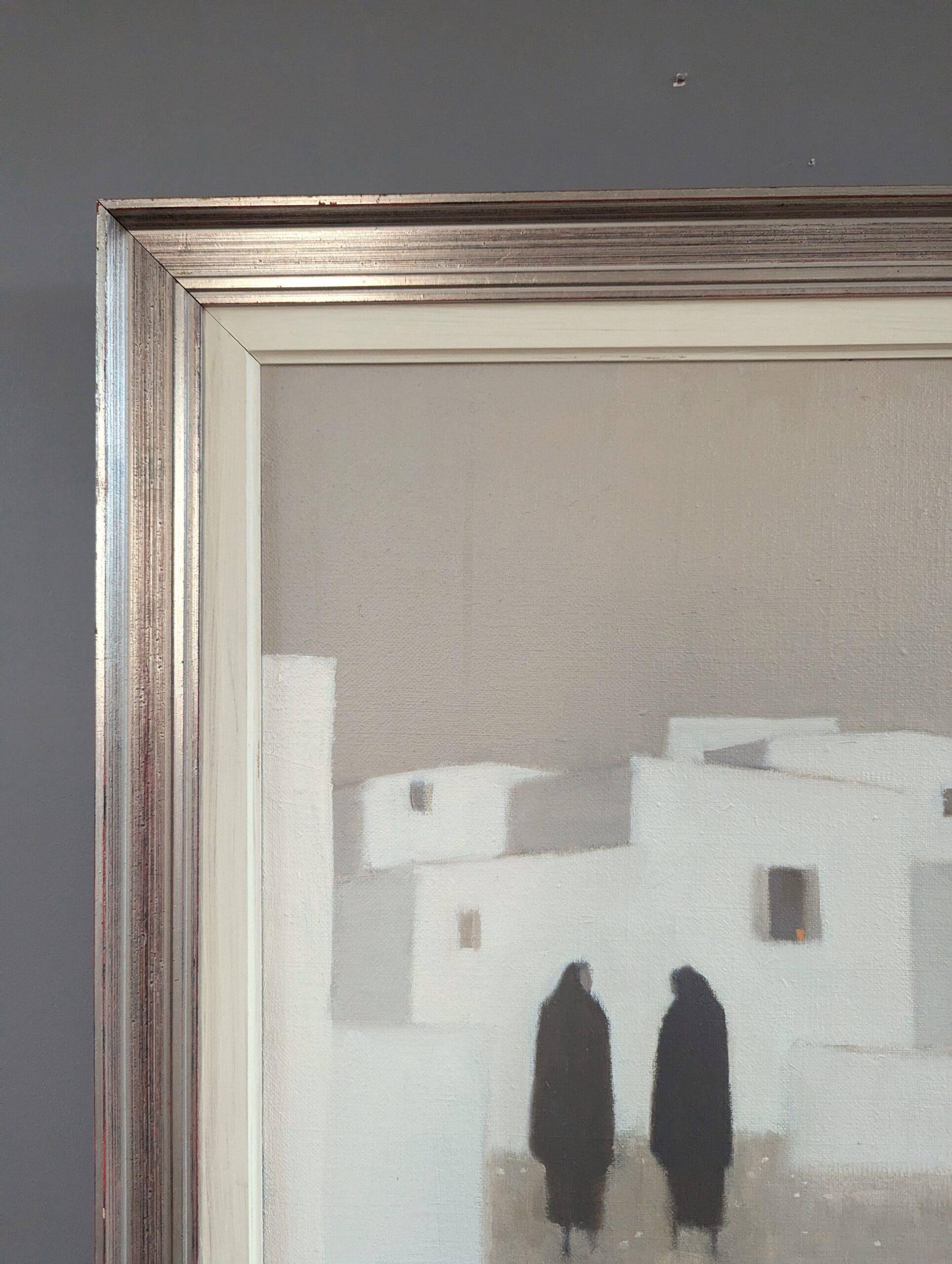 Pittura ad olio d'epoca con figure di paesaggi urbani della metà del secolo scorso - Comune tranquillo in vendita 2
