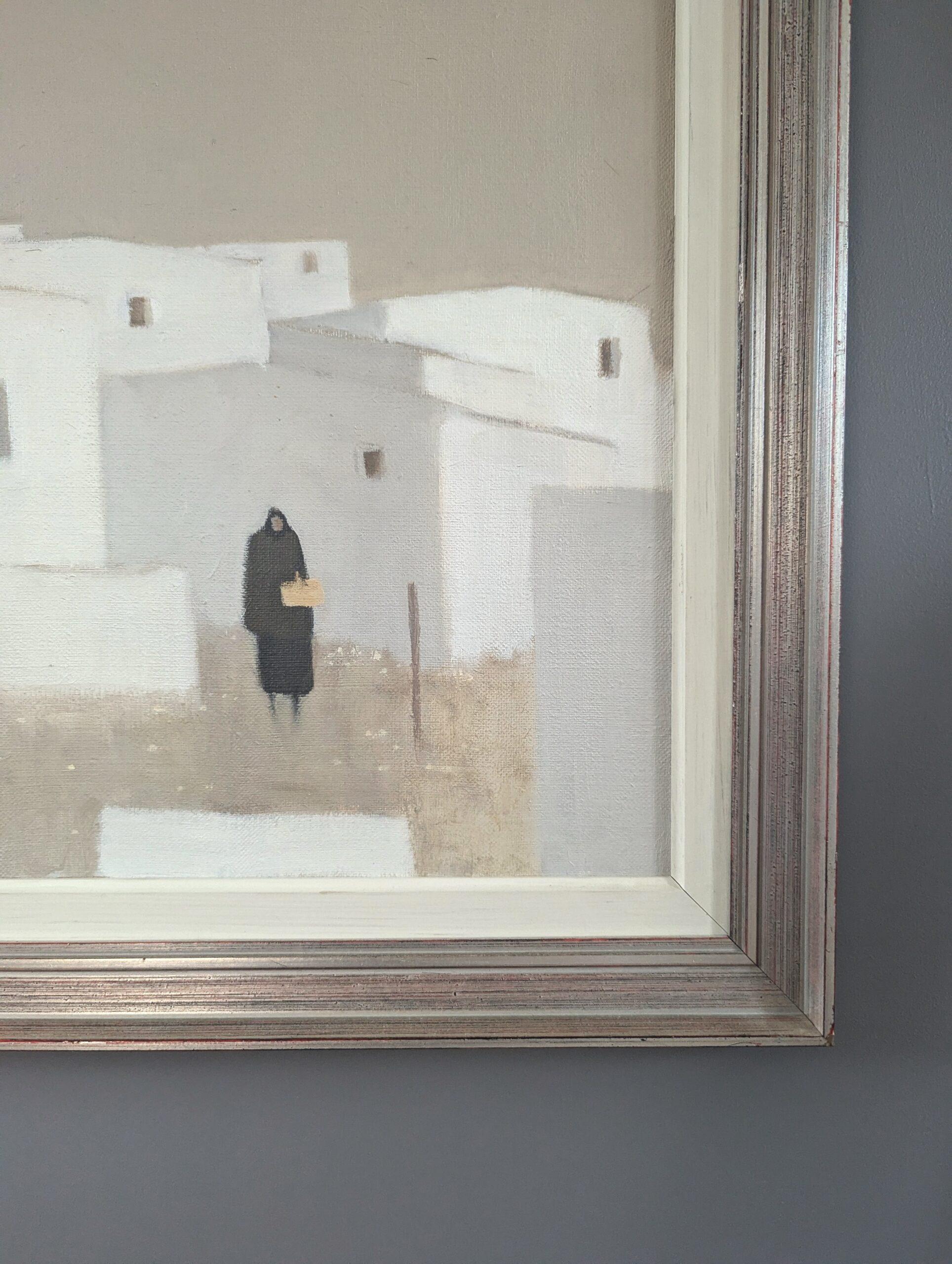 Pittura ad olio d'epoca con figure di paesaggi urbani della metà del secolo scorso - Comune tranquillo in vendita 3