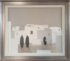 Vintage Mid Century Modernist Figure Cityscape Oil Painting - Quiet Commune