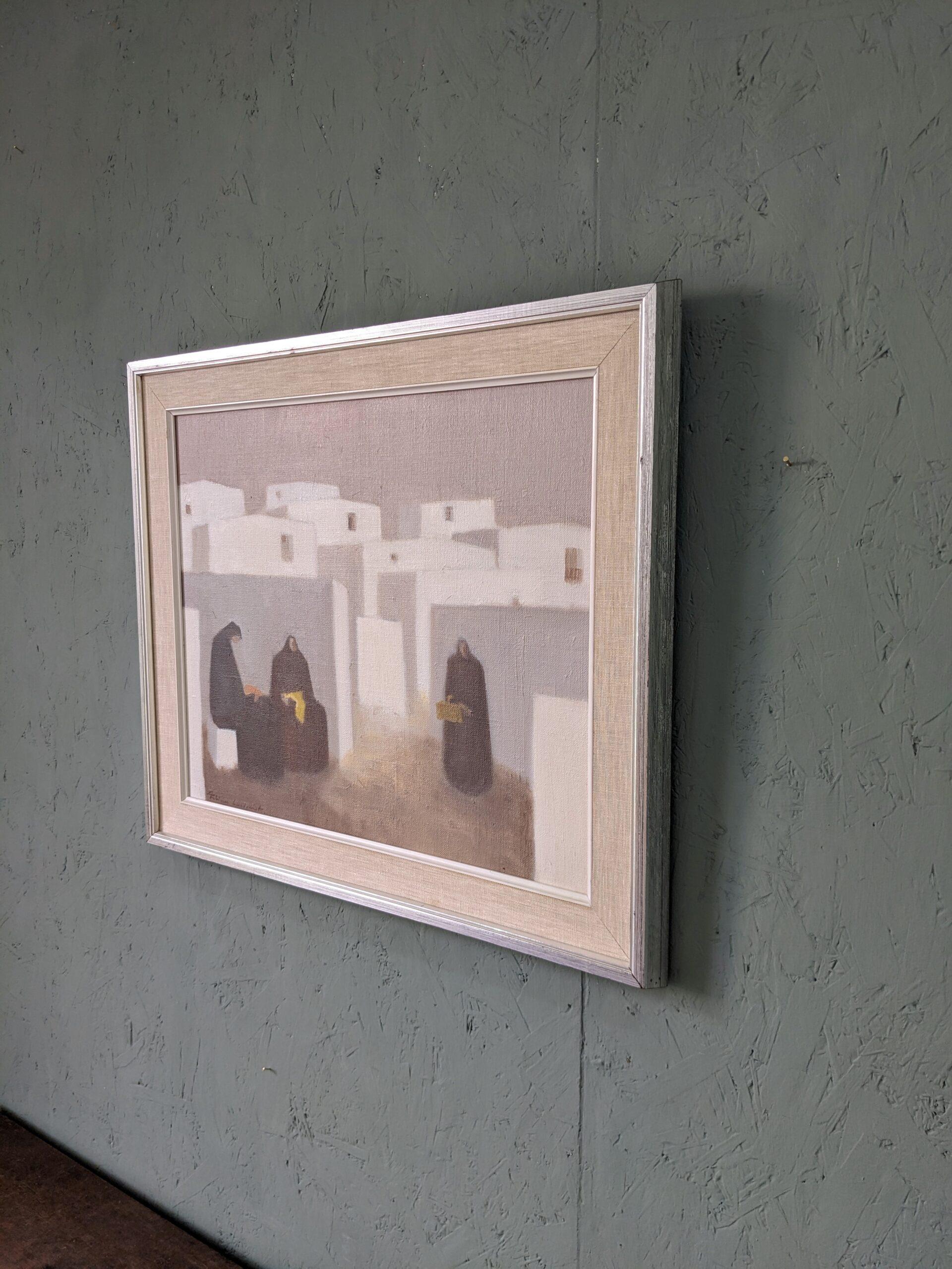 Pittura ad olio figurativa svedese vintage della metà del secolo, Fabian Lundqvist-White Town 10