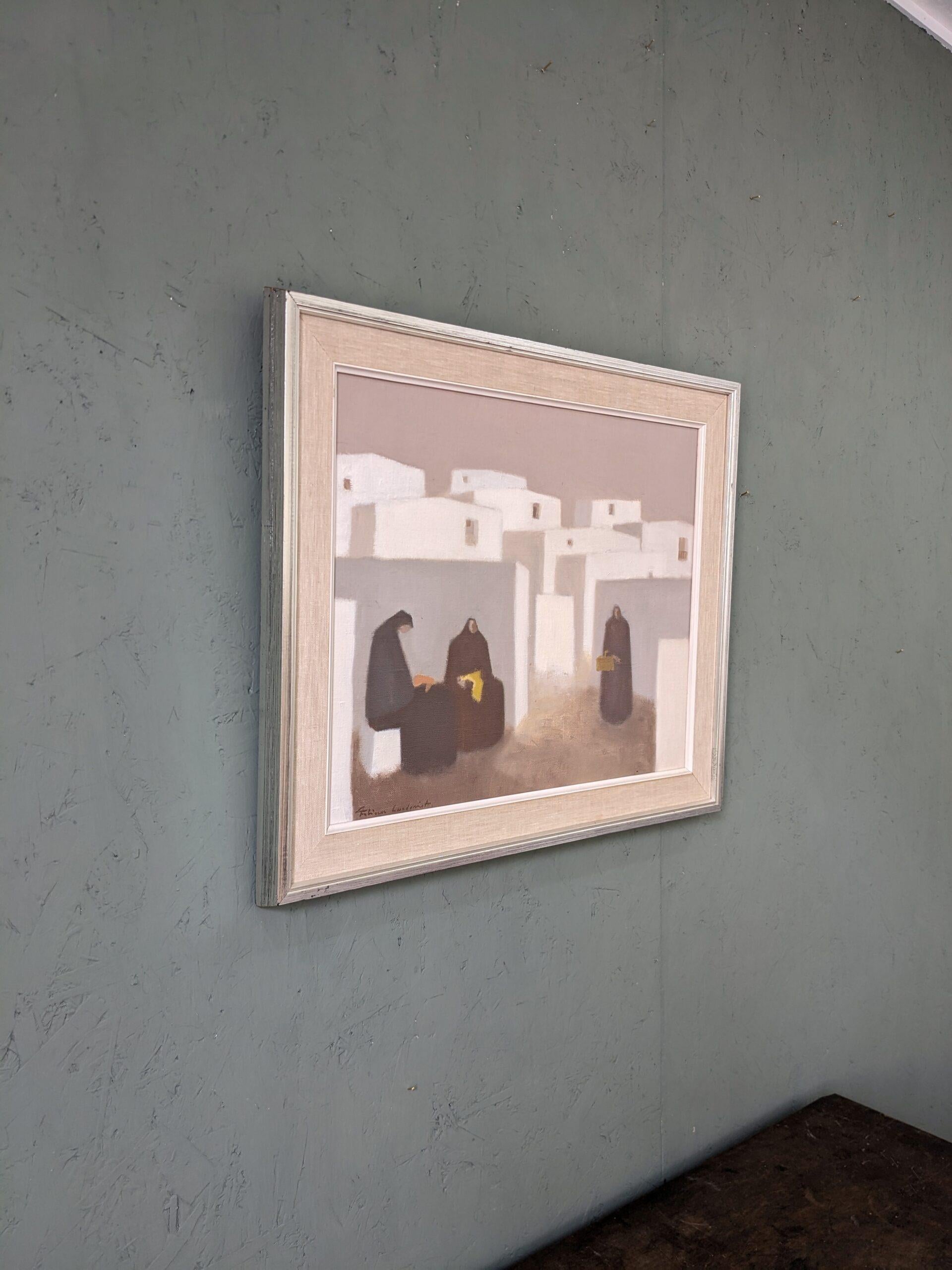 Pittura ad olio figurativa svedese vintage della metà del secolo, Fabian Lundqvist-White Town 11