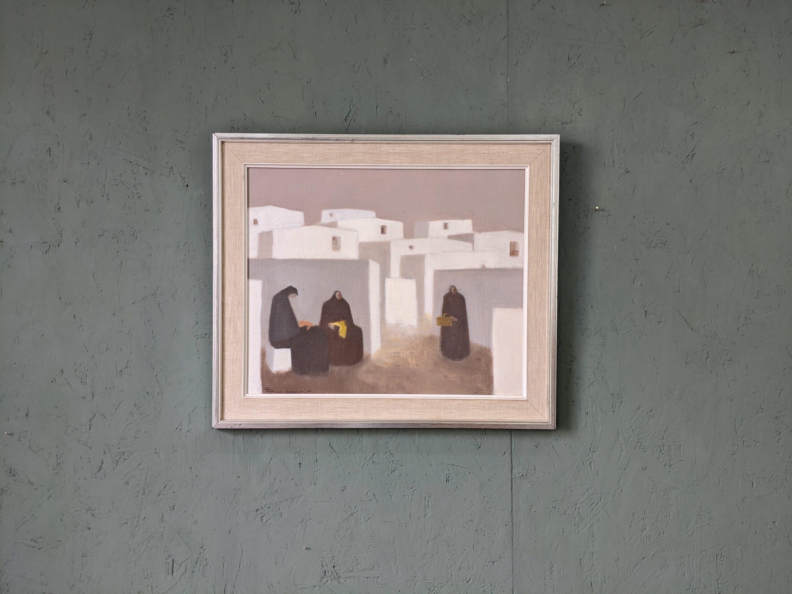 Pittura ad olio figurativa svedese vintage della metà del secolo, Fabian Lundqvist-White Town 12