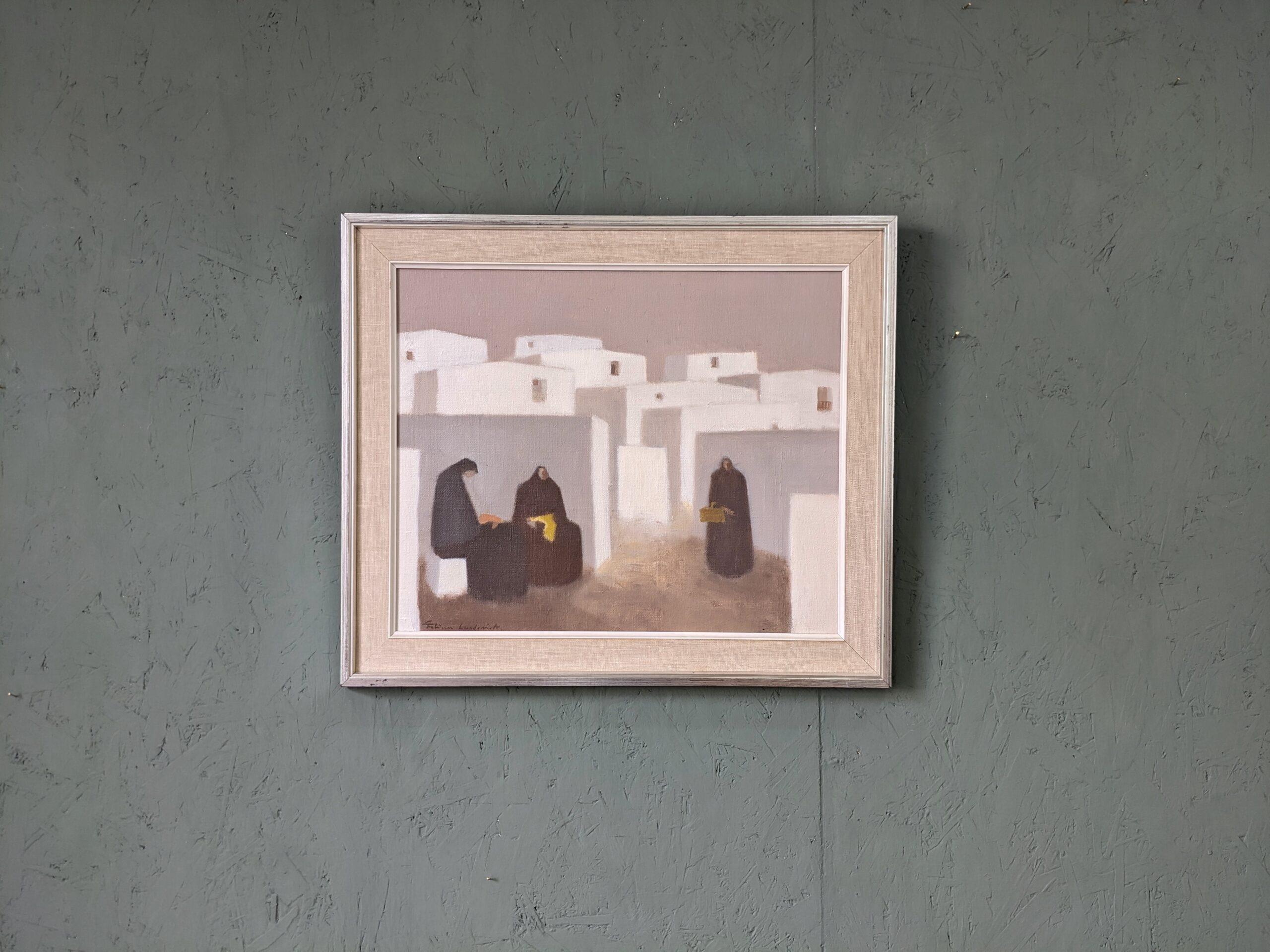 Vintage Mid-Century Swedish Figurative Oil Painting, Fabian Lundqvist-White Town 11