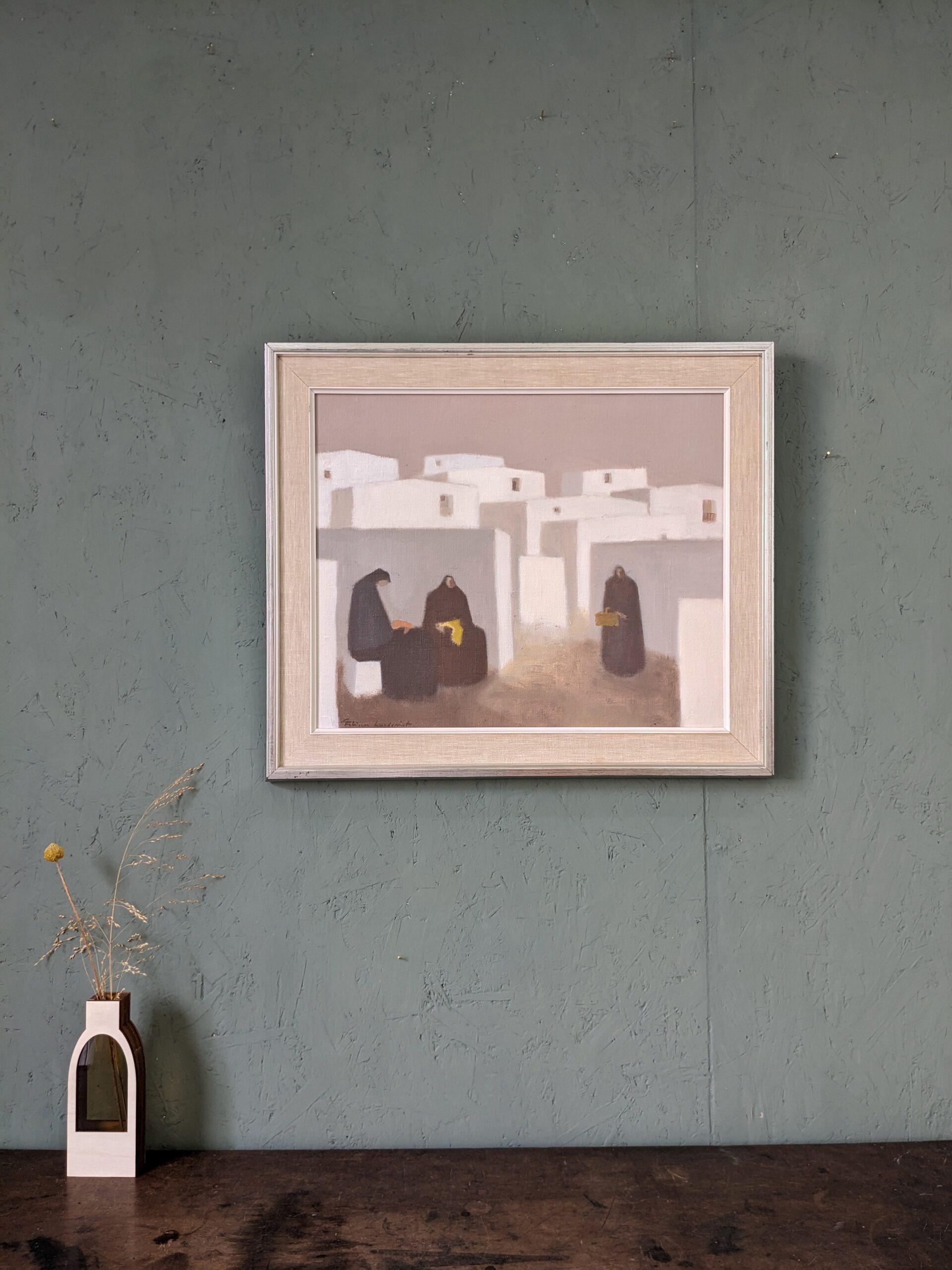 Pittura ad olio figurativa svedese vintage della metà del secolo, Fabian Lundqvist-White Town 13