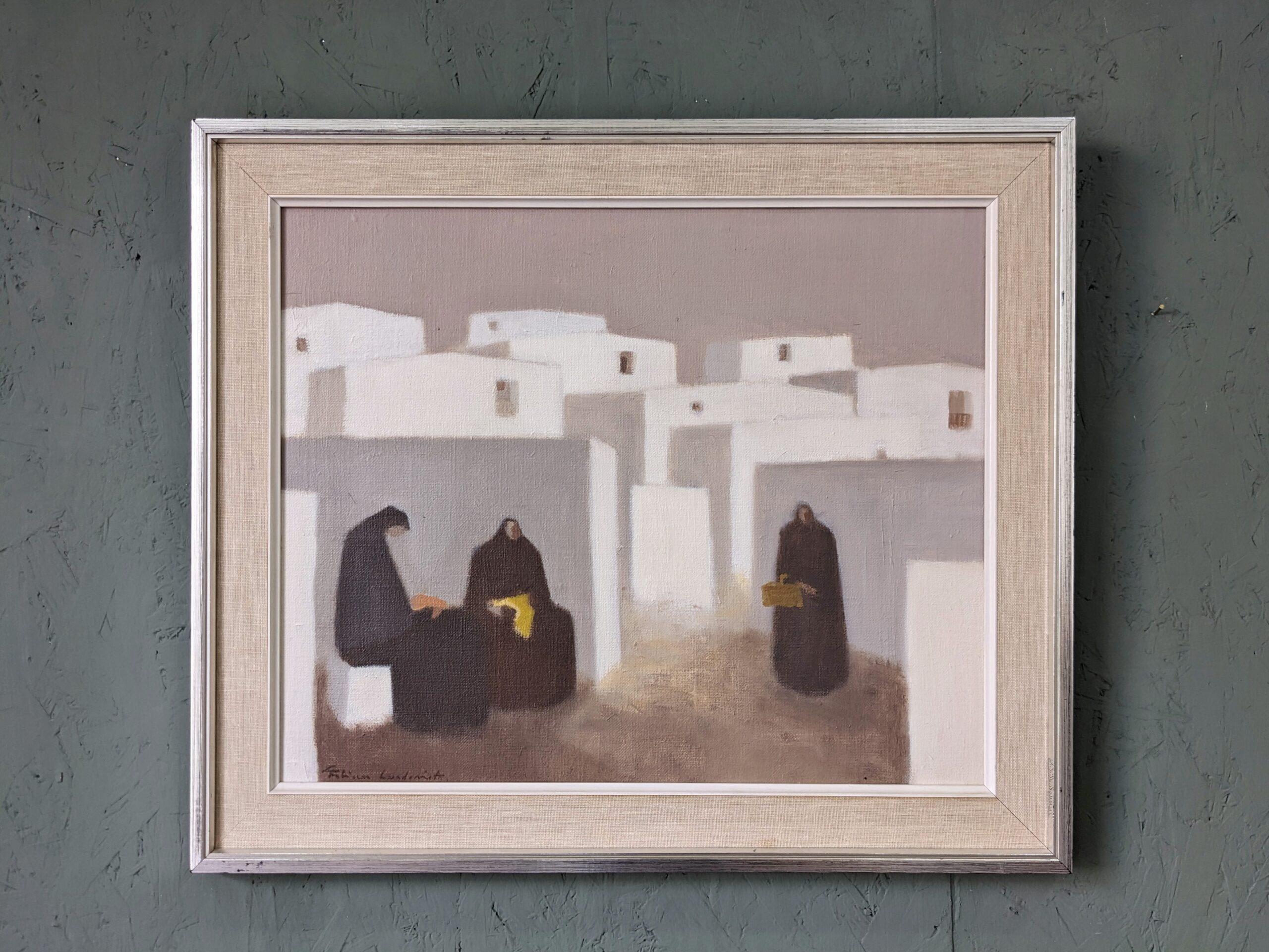 Pittura ad olio figurativa svedese vintage della metà del secolo, Fabian Lundqvist-White Town 1
