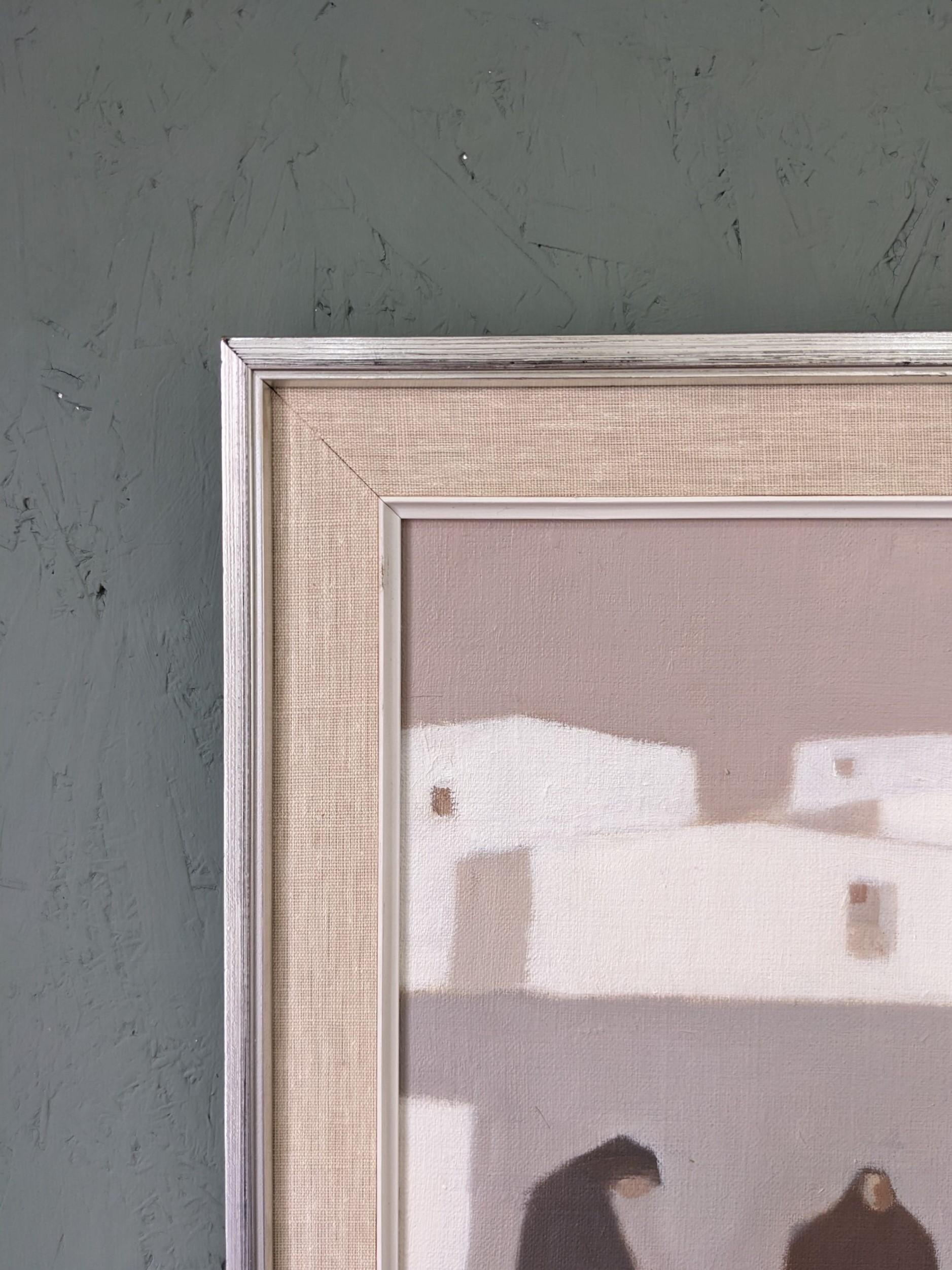 Pittura ad olio figurativa svedese vintage della metà del secolo, Fabian Lundqvist-White Town 2
