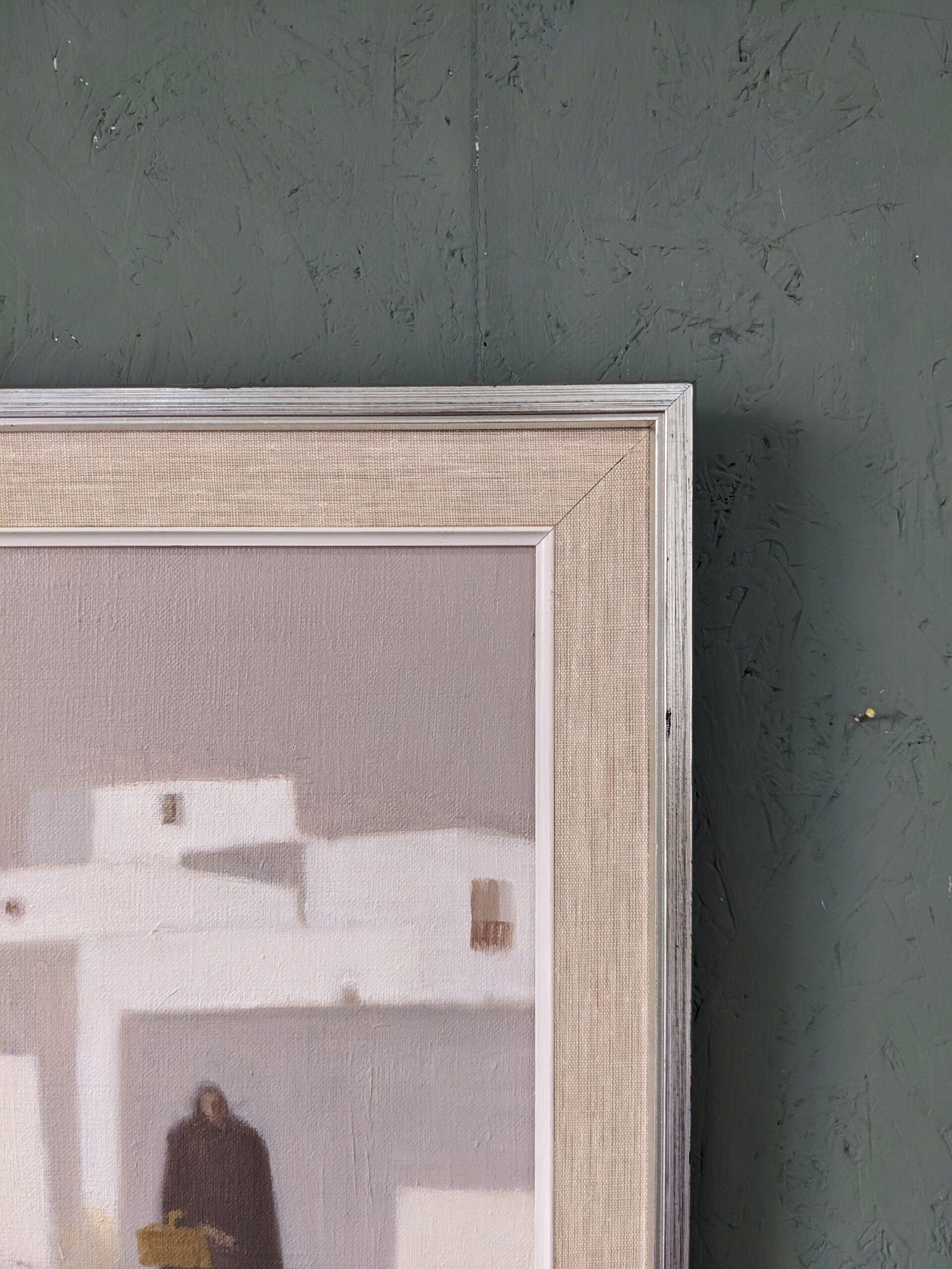 Pittura ad olio figurativa svedese vintage della metà del secolo, Fabian Lundqvist-White Town 3
