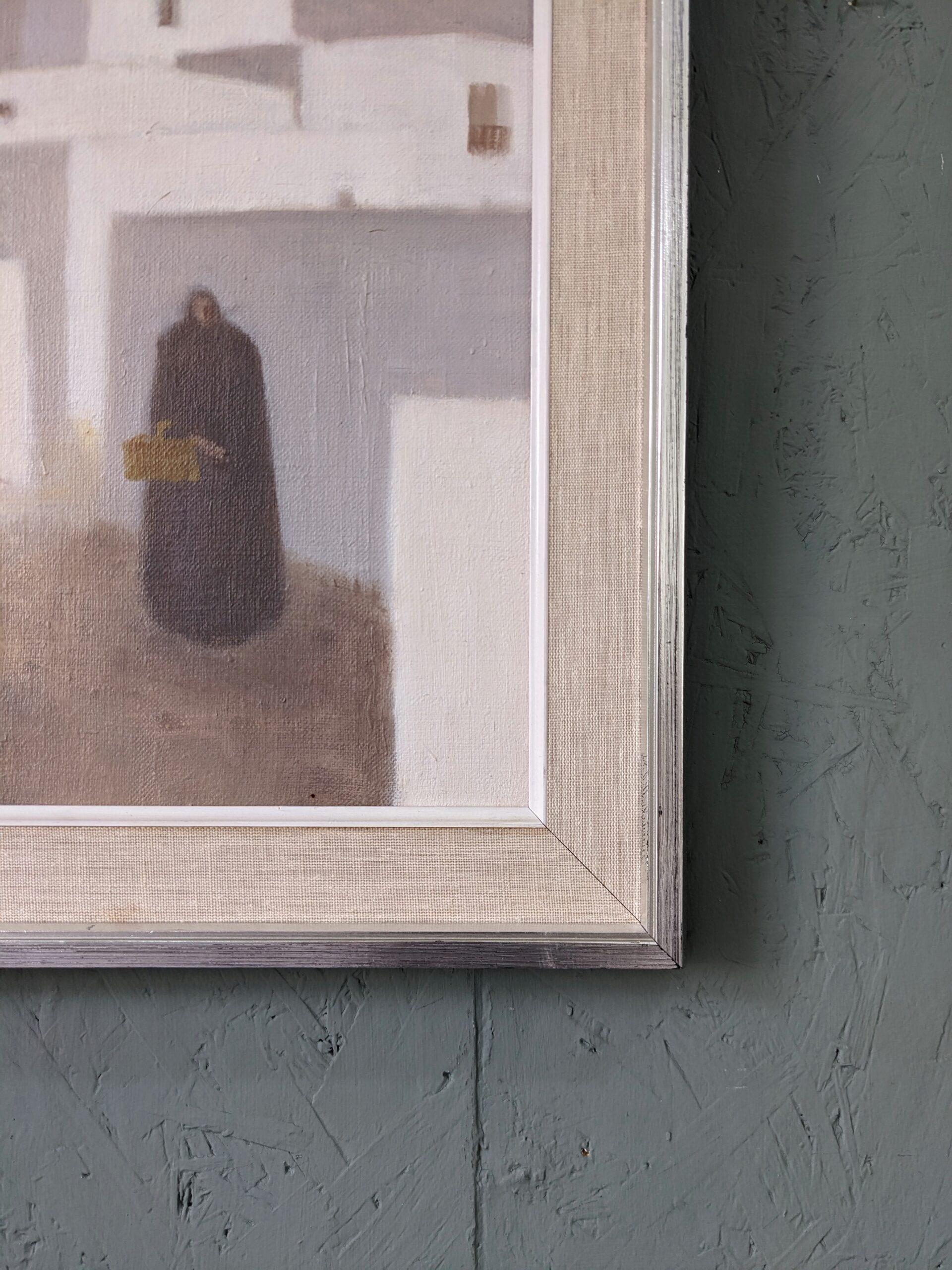 Pittura ad olio figurativa svedese vintage della metà del secolo, Fabian Lundqvist-White Town 4