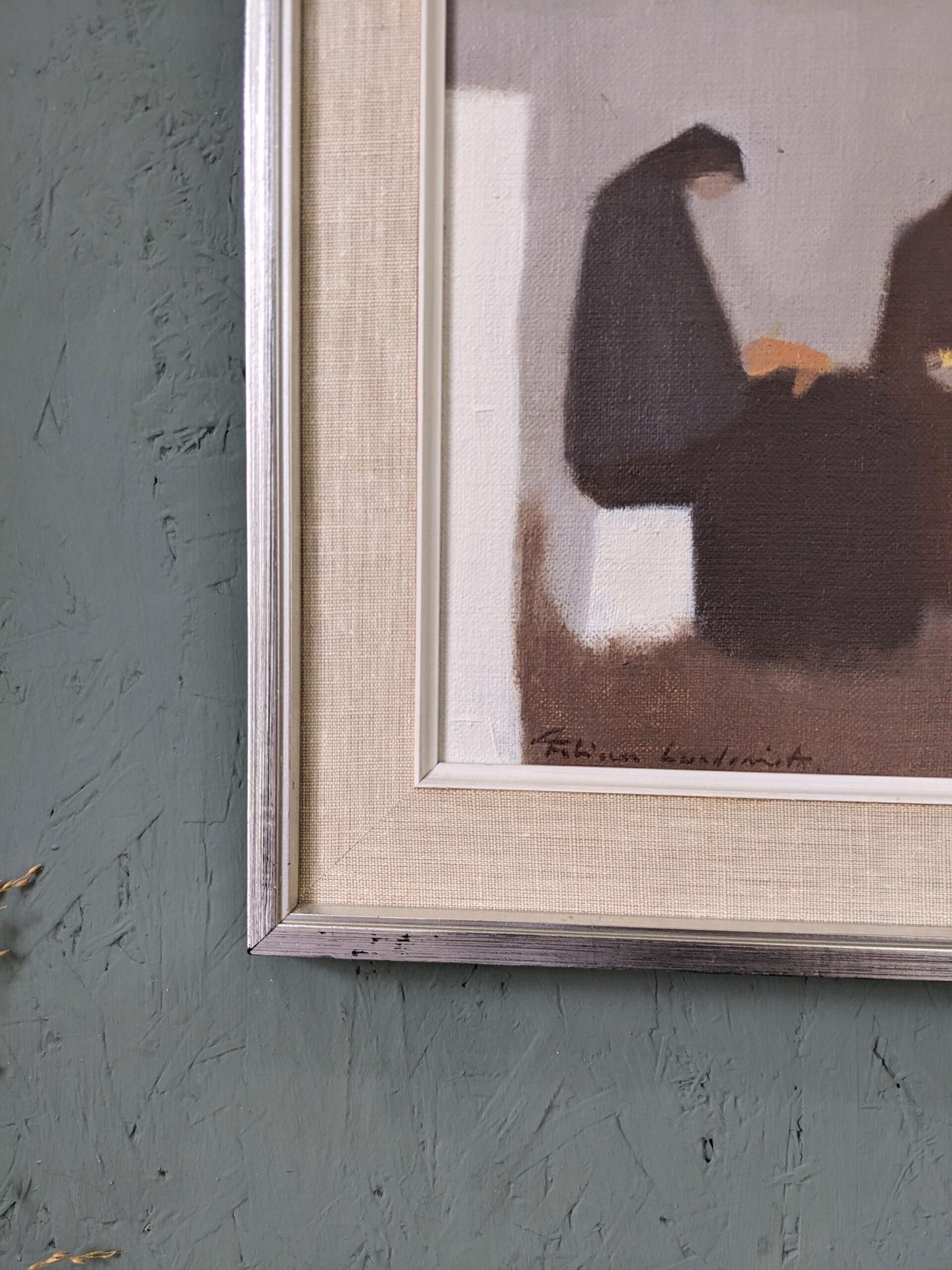 Pittura ad olio figurativa svedese vintage della metà del secolo, Fabian Lundqvist-White Town 5