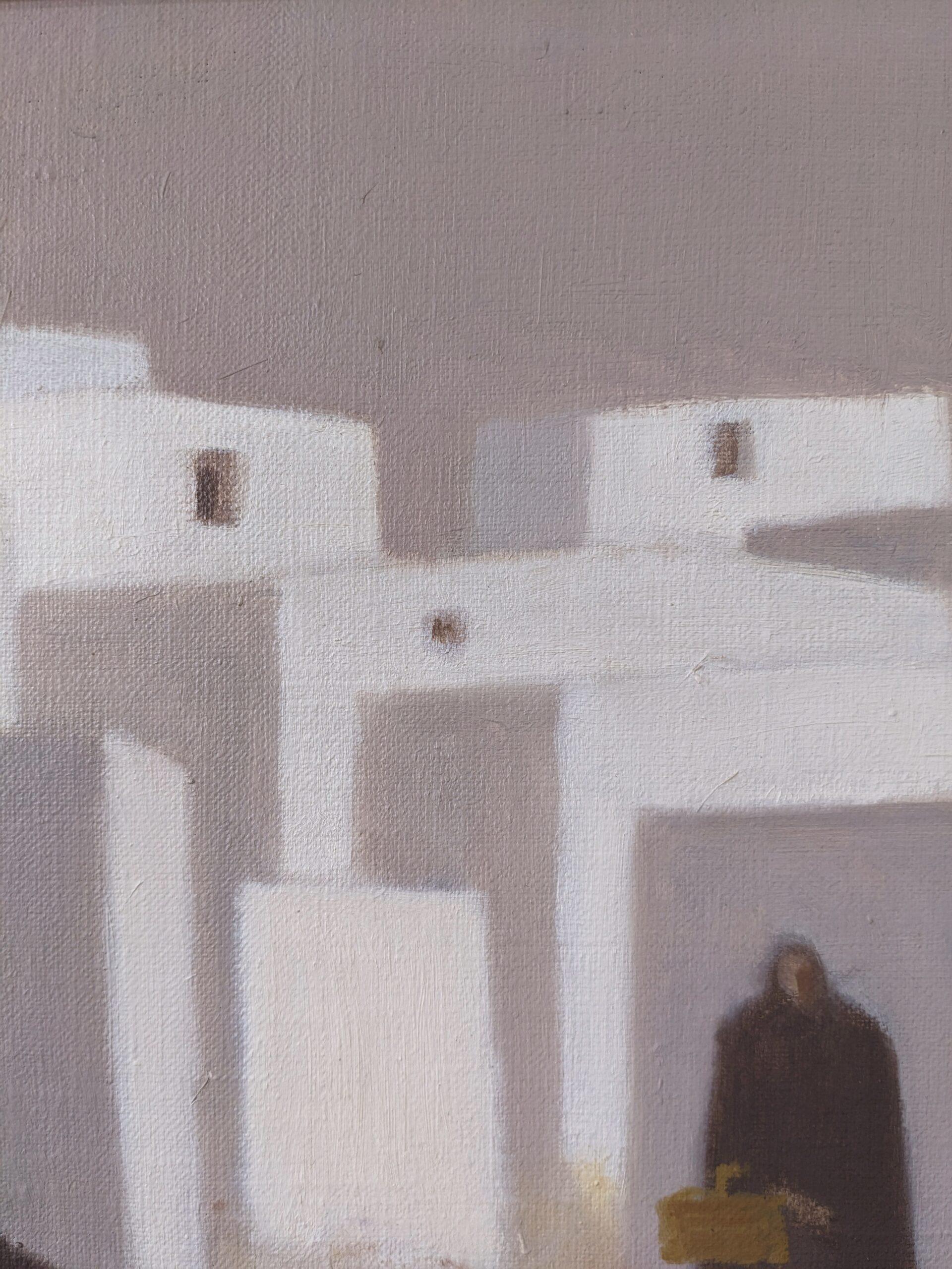 Pittura ad olio figurativa svedese vintage della metà del secolo, Fabian Lundqvist-White Town 7
