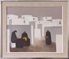 Pittura ad olio figurativa svedese vintage della metà del secolo, Fabian Lundqvist-White Town