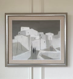 Two Figures in a Modernist Village, Signed Original Swedish Oil Painting, Framed