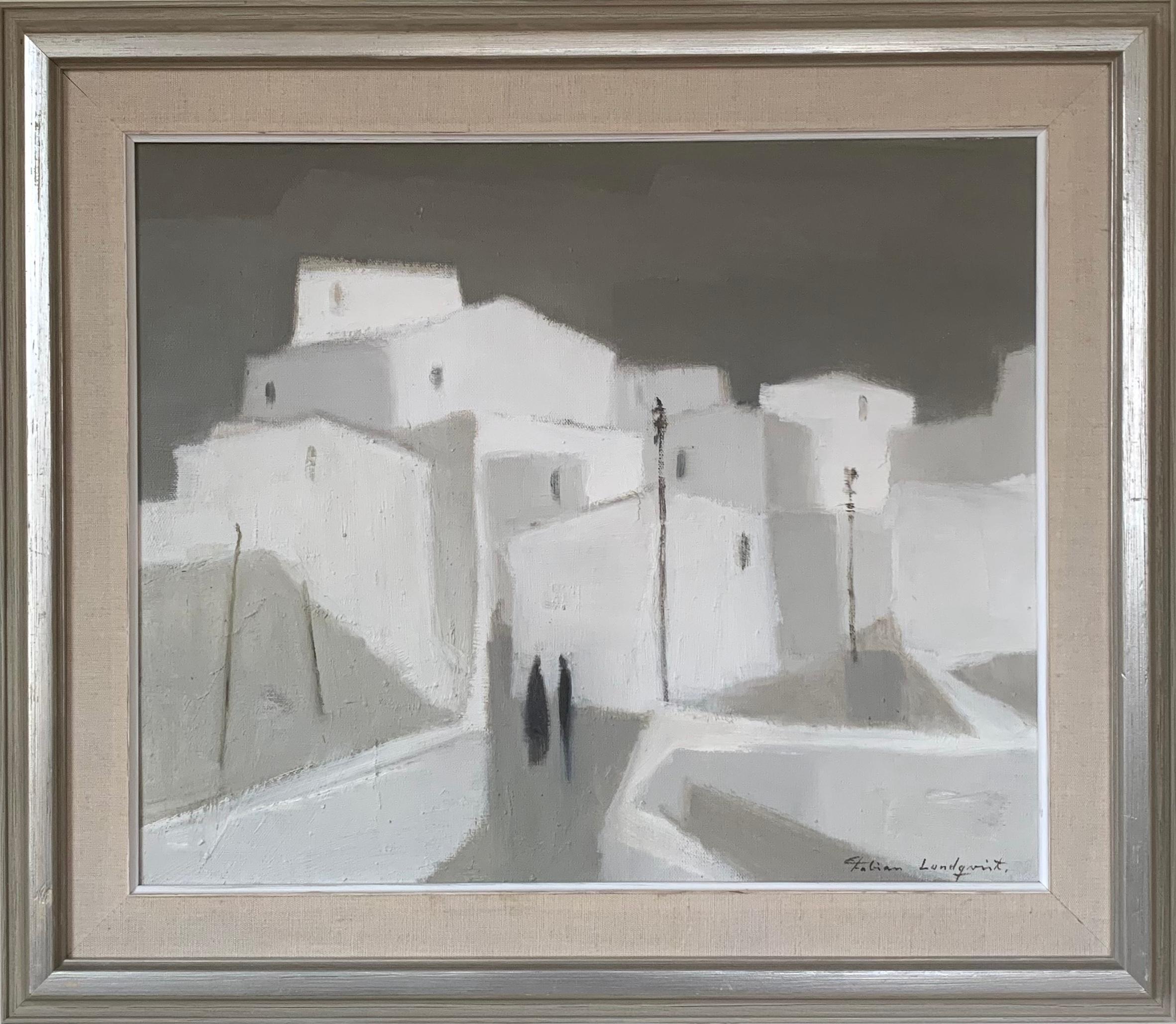Landscape Painting di Fabian Lunqvist - Due figure in un villaggio modernista, dipinto a olio originale svedese firmato, incorniciato