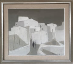 Two Figures in a Modernist Village, Signed Original Swedish Oil Painting, Framed
