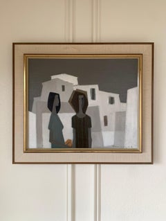 Two Women in a Modernist Village, Signed Original Swedish Oil Painting, Framed