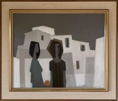 Two Women in a Modernist Village, Signed Original Swedish Oil Painting, Framed