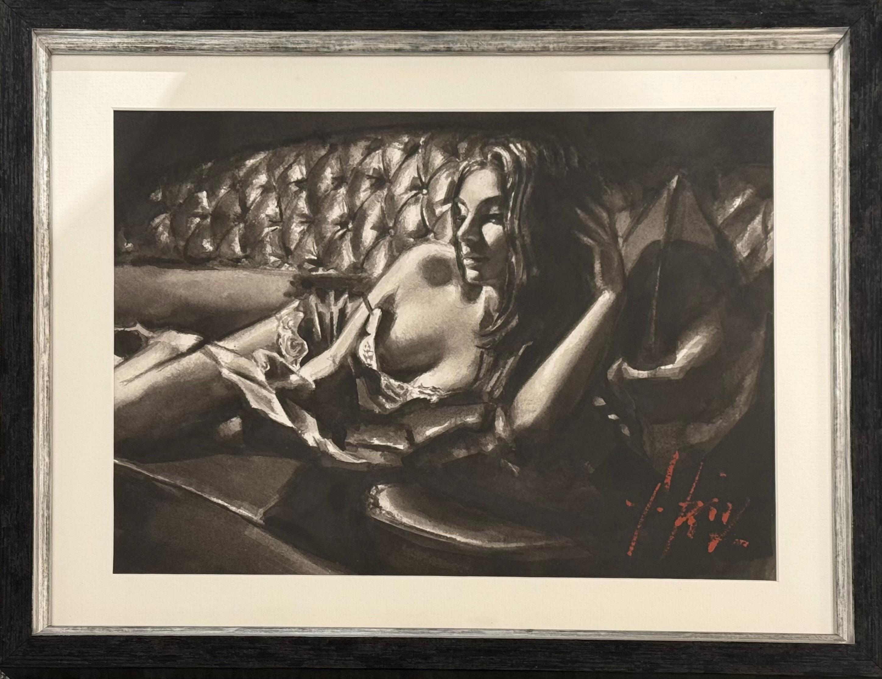 Figurative Art de Fabian Perez - Saba: Pintura figurativa en papel con tinta, firmada, siglo XXI
