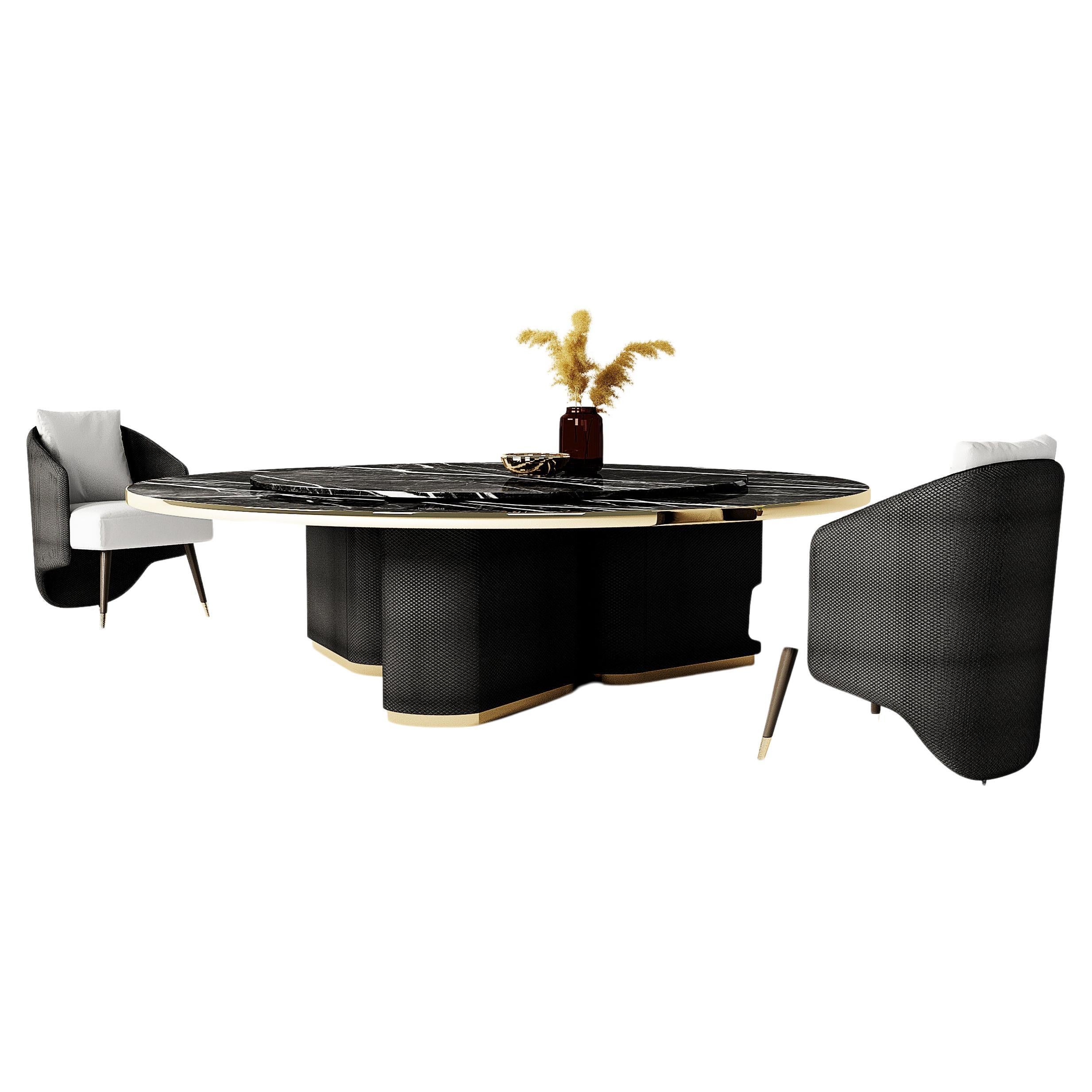 Fabian dining table with lazy susan, d.280 cm in sahara noir and woven leather For Sale